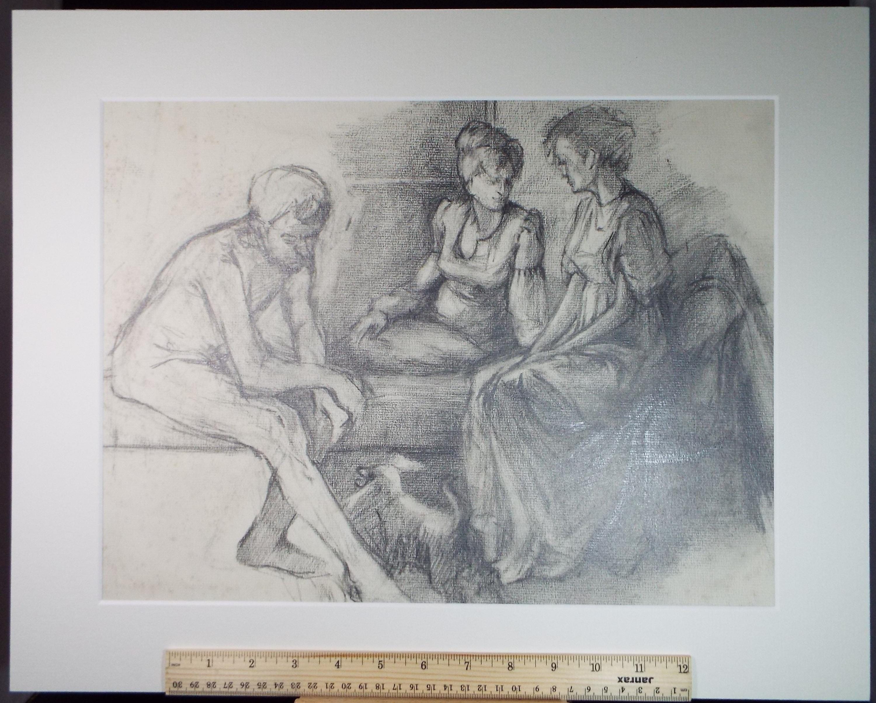 Original Pencil Drawing,'Figures on the Settee', Edmund Caswell (1938-1996), circa 1980's