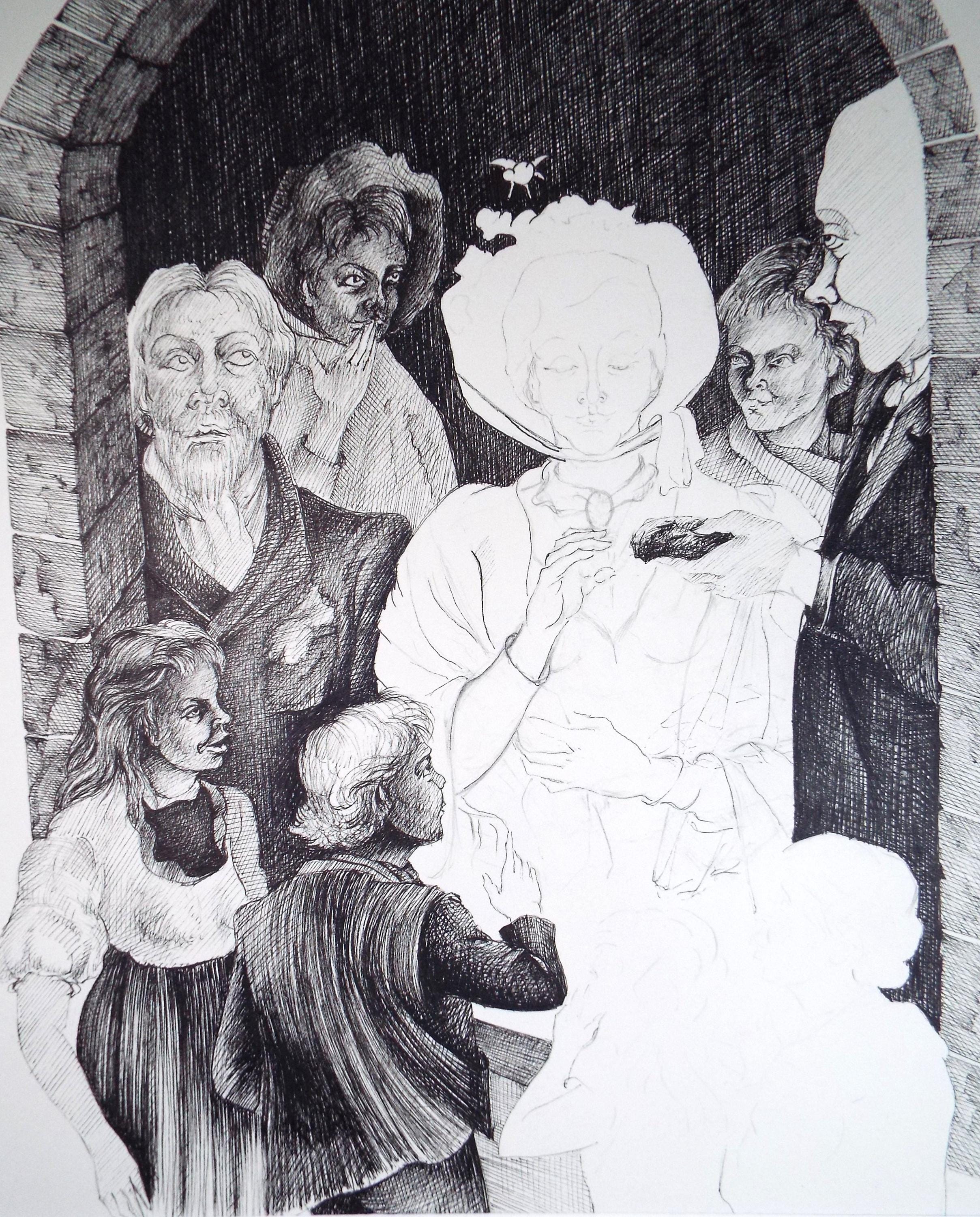 Original Pen & Ink Drawing,'Figures at the Kirk', Edmund Caswell (1938-1996), circa 1980's