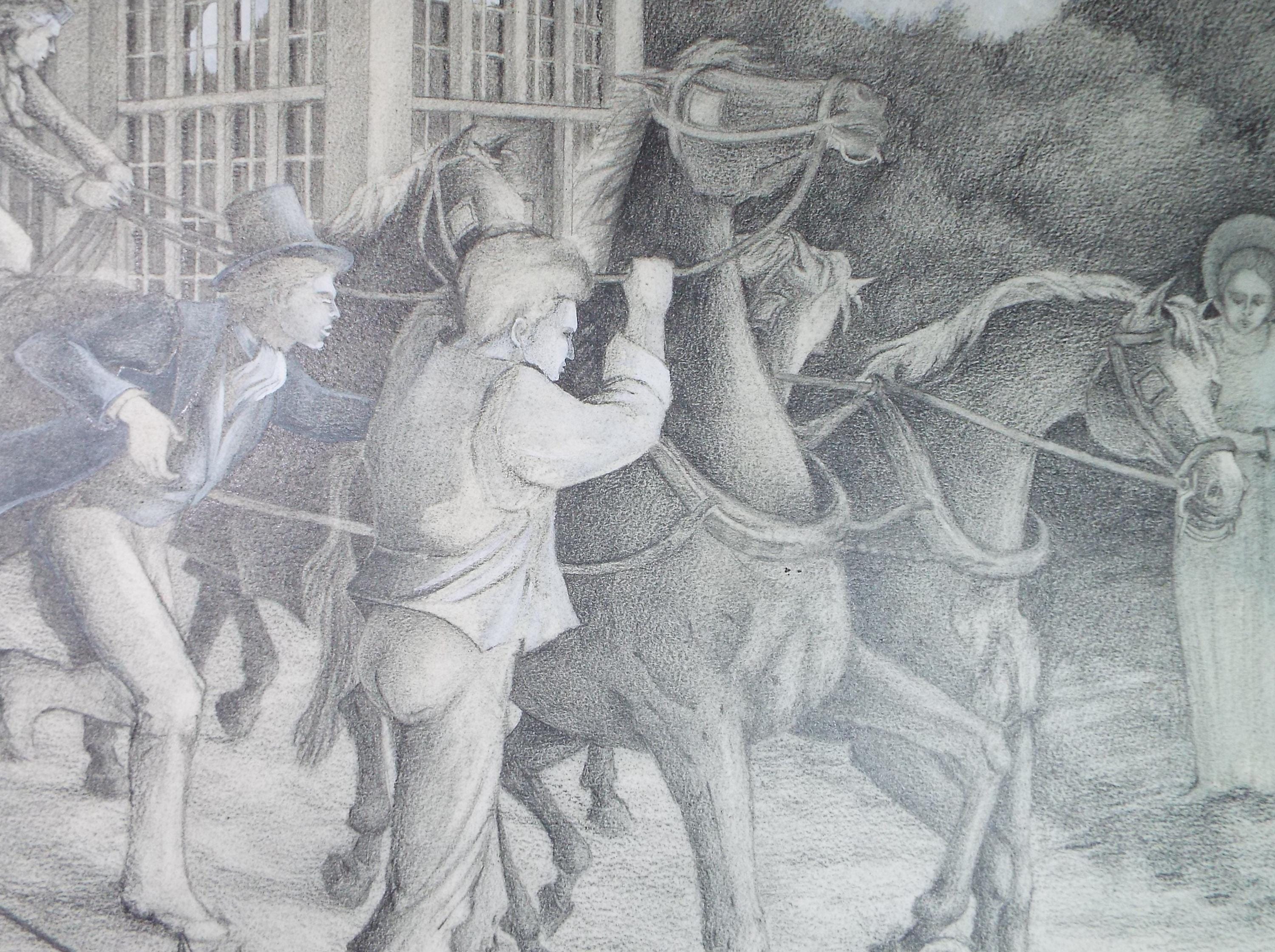Original Pencil Drawing heightened with white,'Carriage with Figures', Edmund Caswell (1938-1996), circa 1980's