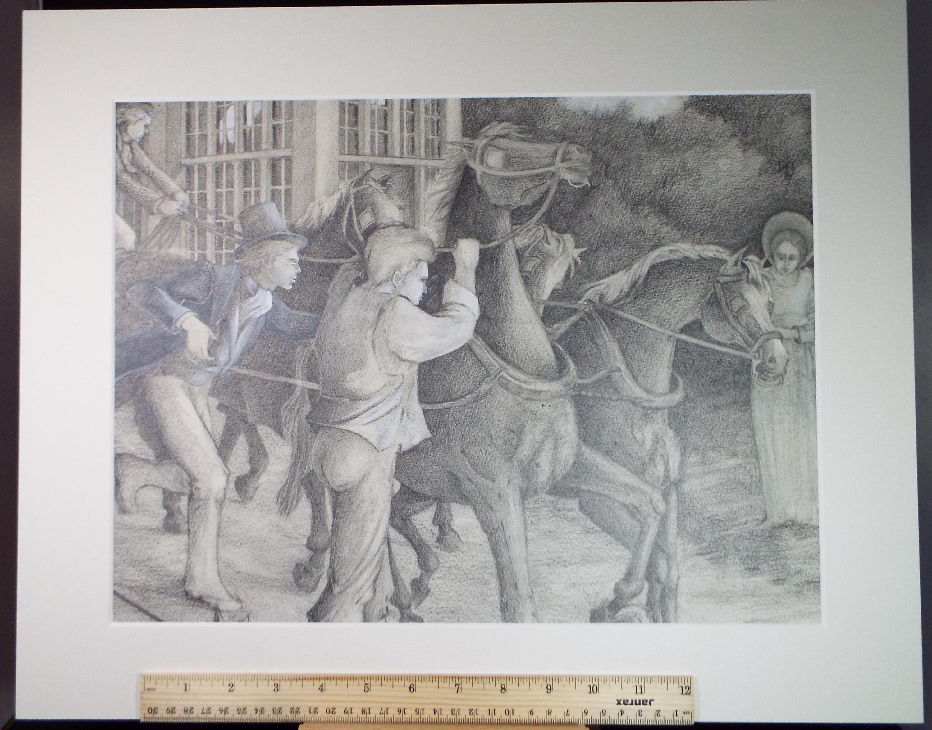 Original Pencil Drawing heightened with white,'Carriage with Figures', Edmund Caswell (1938-1996), circa 1980's