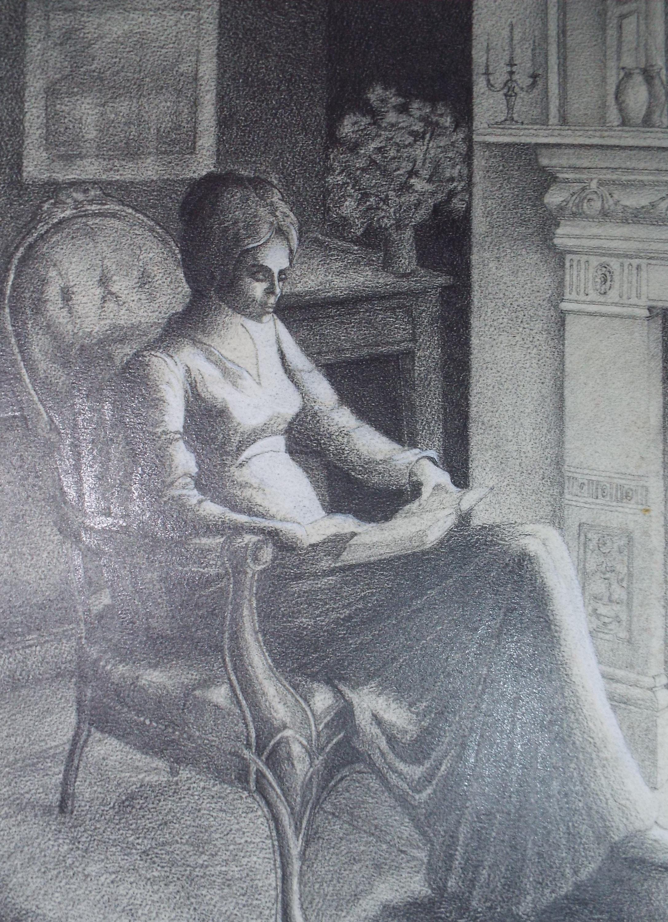 Original Pencil Drawing heightened with white,'Woman reading', Edmund Caswell (1938-1996), circa 1980's