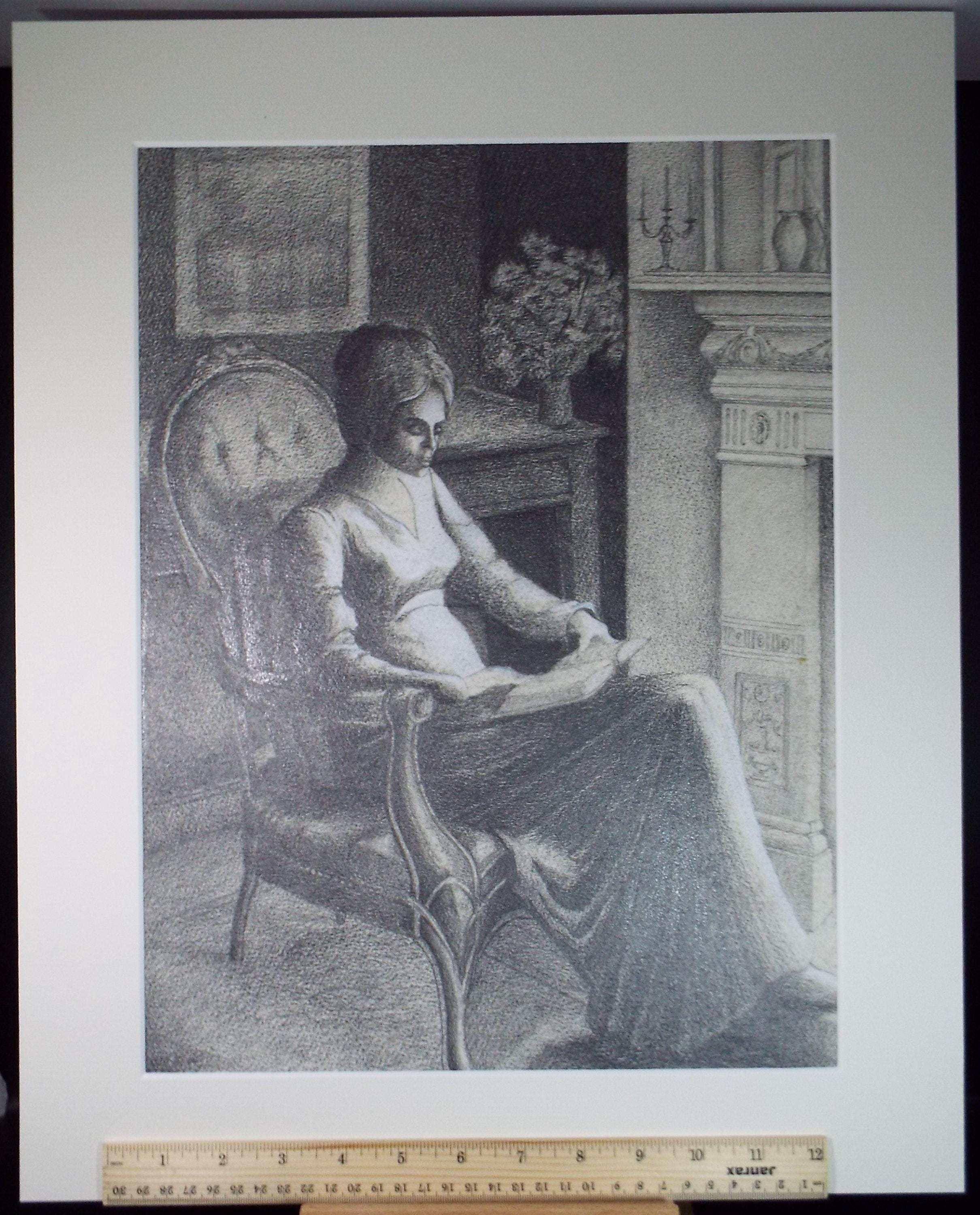 Original Pencil Drawing heightened with white,'Woman reading', Edmund Caswell (1938-1996), circa 1980's