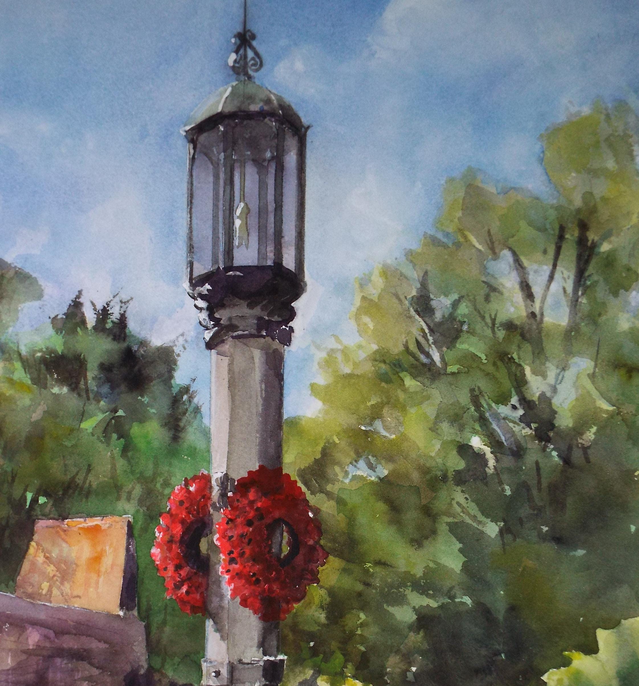 Original Watercolour, 'Memorial Lamp post', June Bevan, c1990's