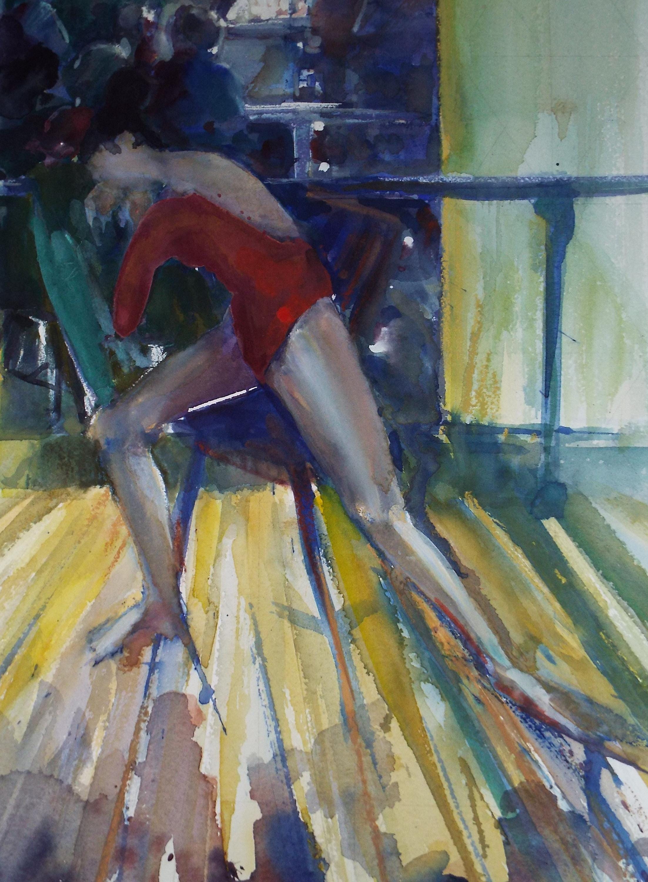 Original Watercolour, 'Lisa mirrored, stretching, June Bevan, c1990's