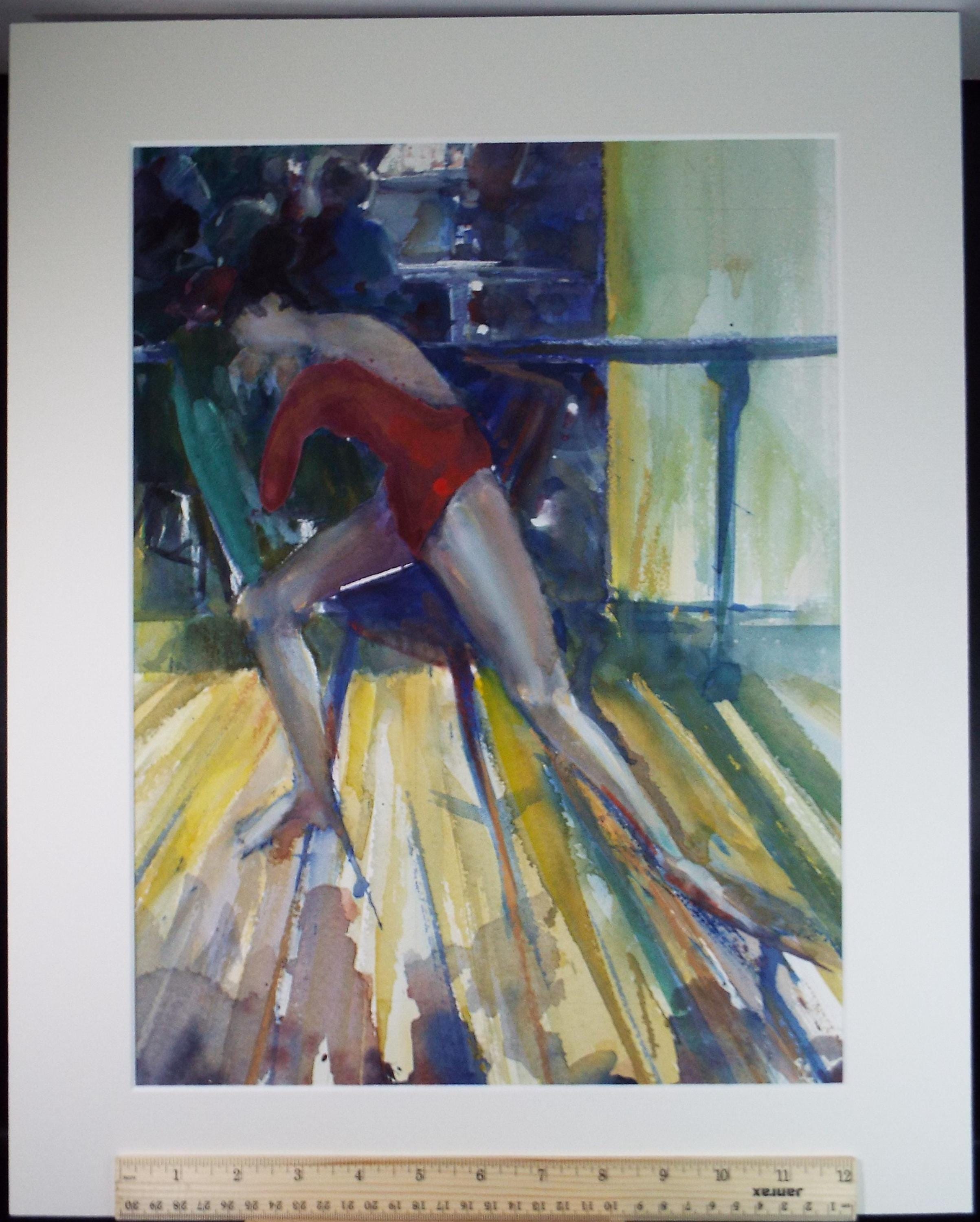 Original Watercolour, 'Lisa mirrored, stretching, June Bevan, c1990's