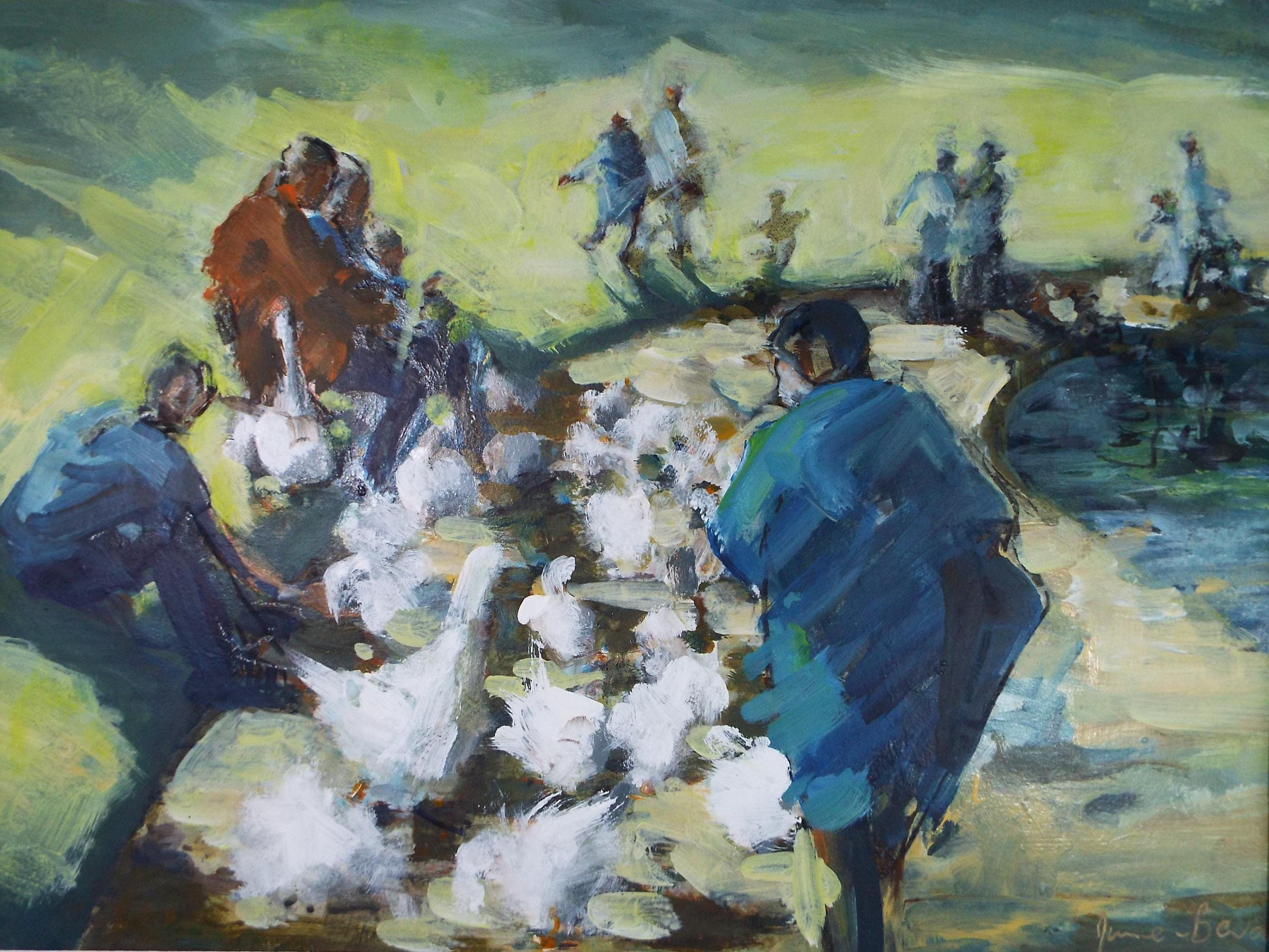 Original Watercolour, 'Feeding the Geese', June Bevan, c1990's