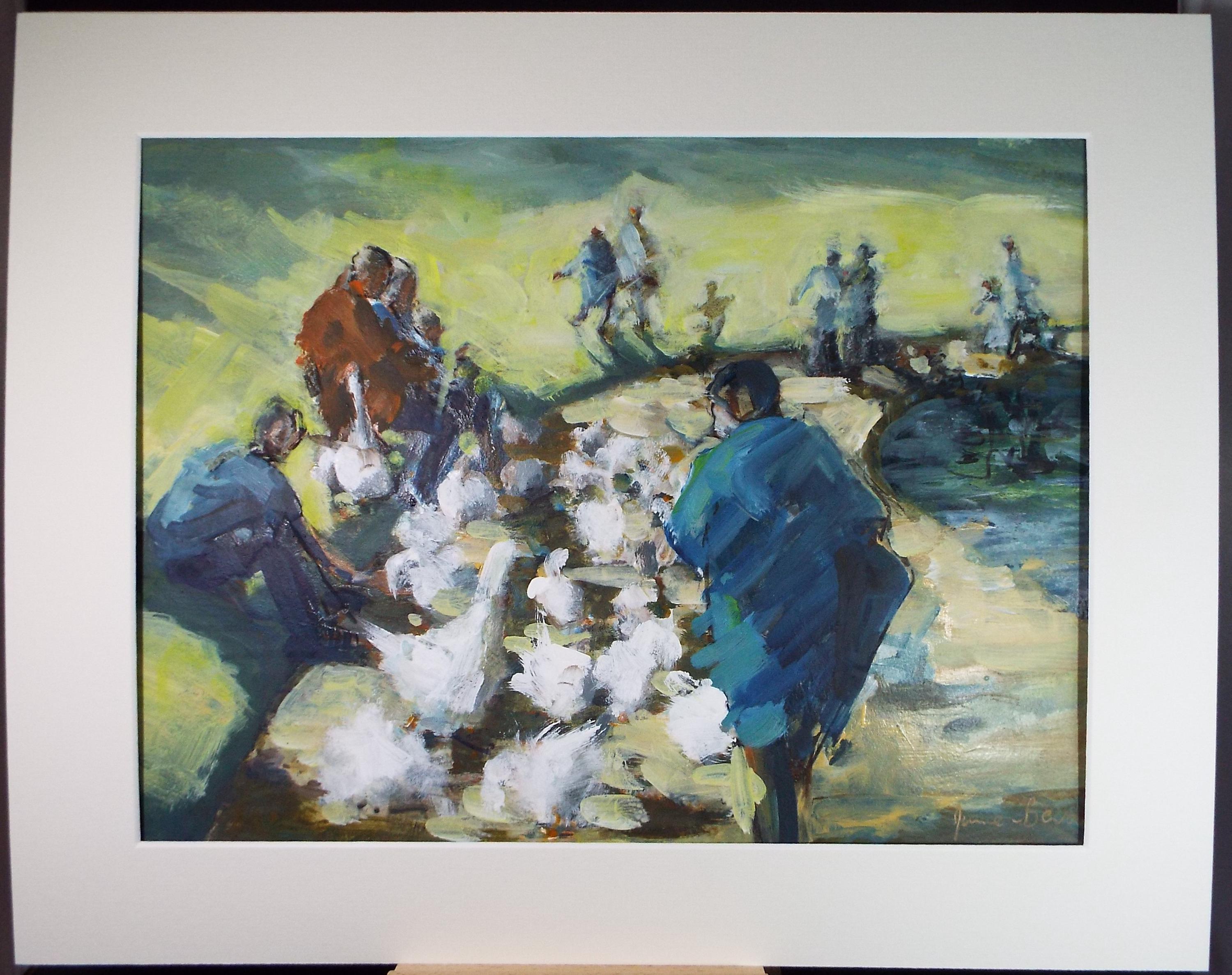 Original Watercolour, 'Feeding the Geese', June Bevan, c1990's