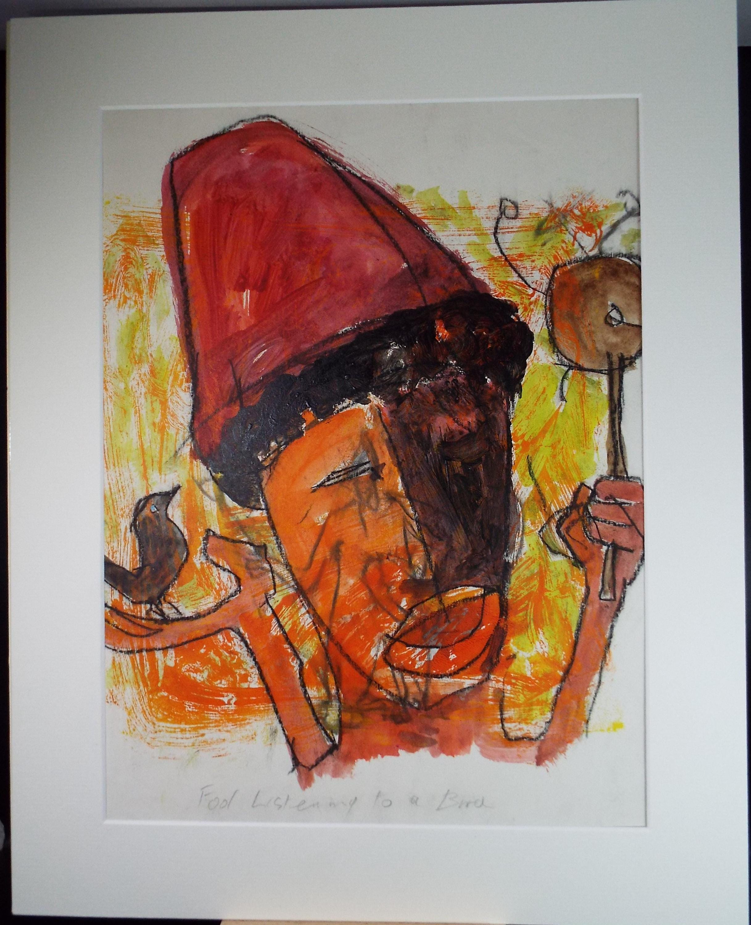 Original Watercolour and Pastel,'Fool Listening to a Bird', Circa 1990's, Barbara Karn (b1949)