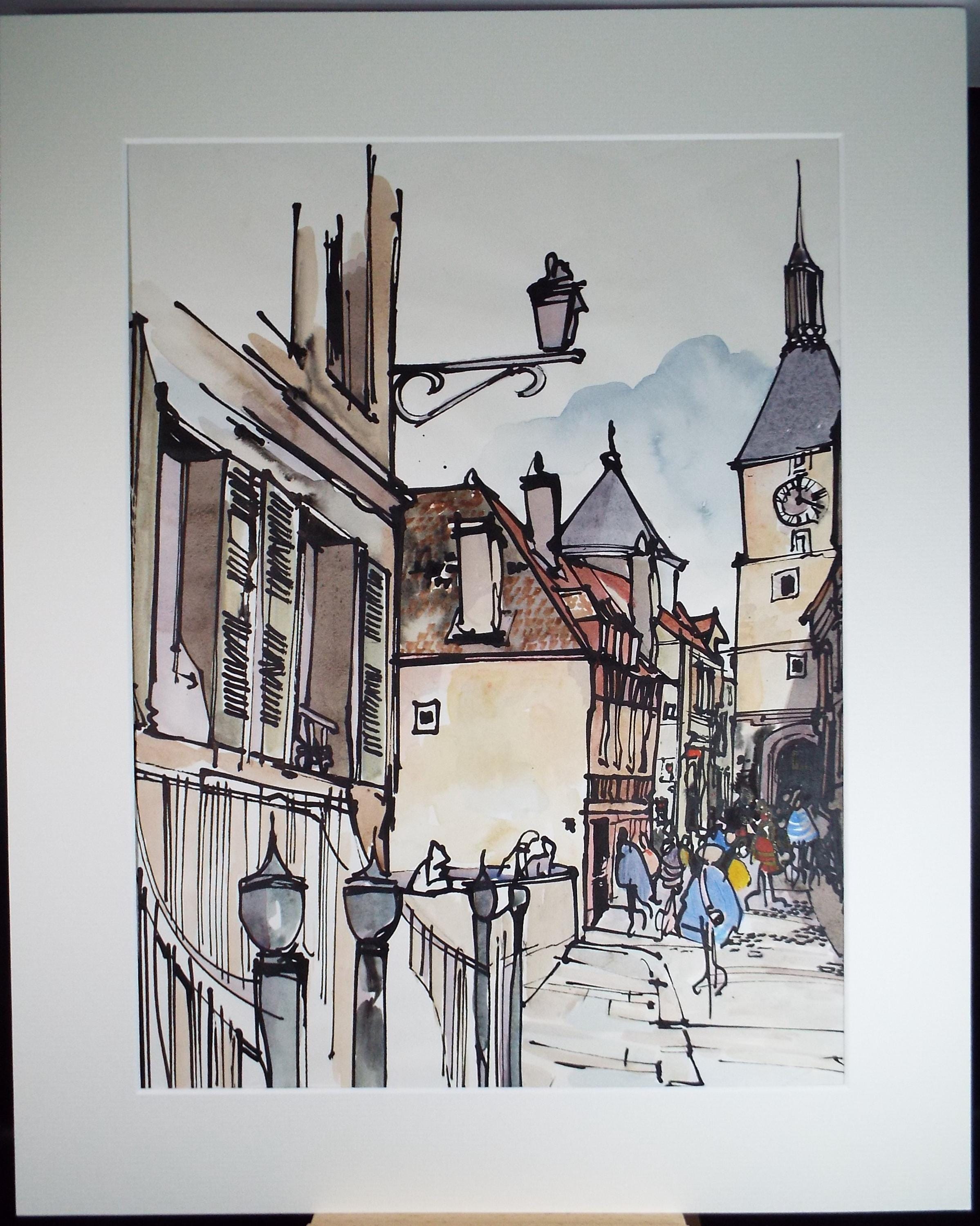 Original Watercolour drawing, 'Continental Street with Figures', John Hambleton Holdcroft (1926-2014), Circa 1970's