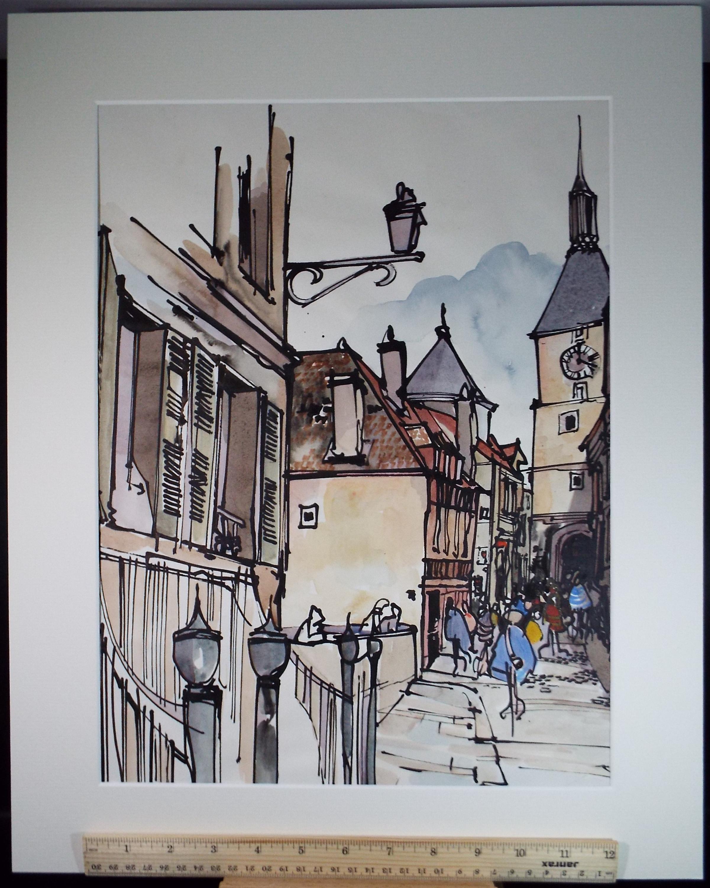 Original Watercolour drawing, 'Continental Street with Figures', John Hambleton Holdcroft (1926-2014), Circa 1970's