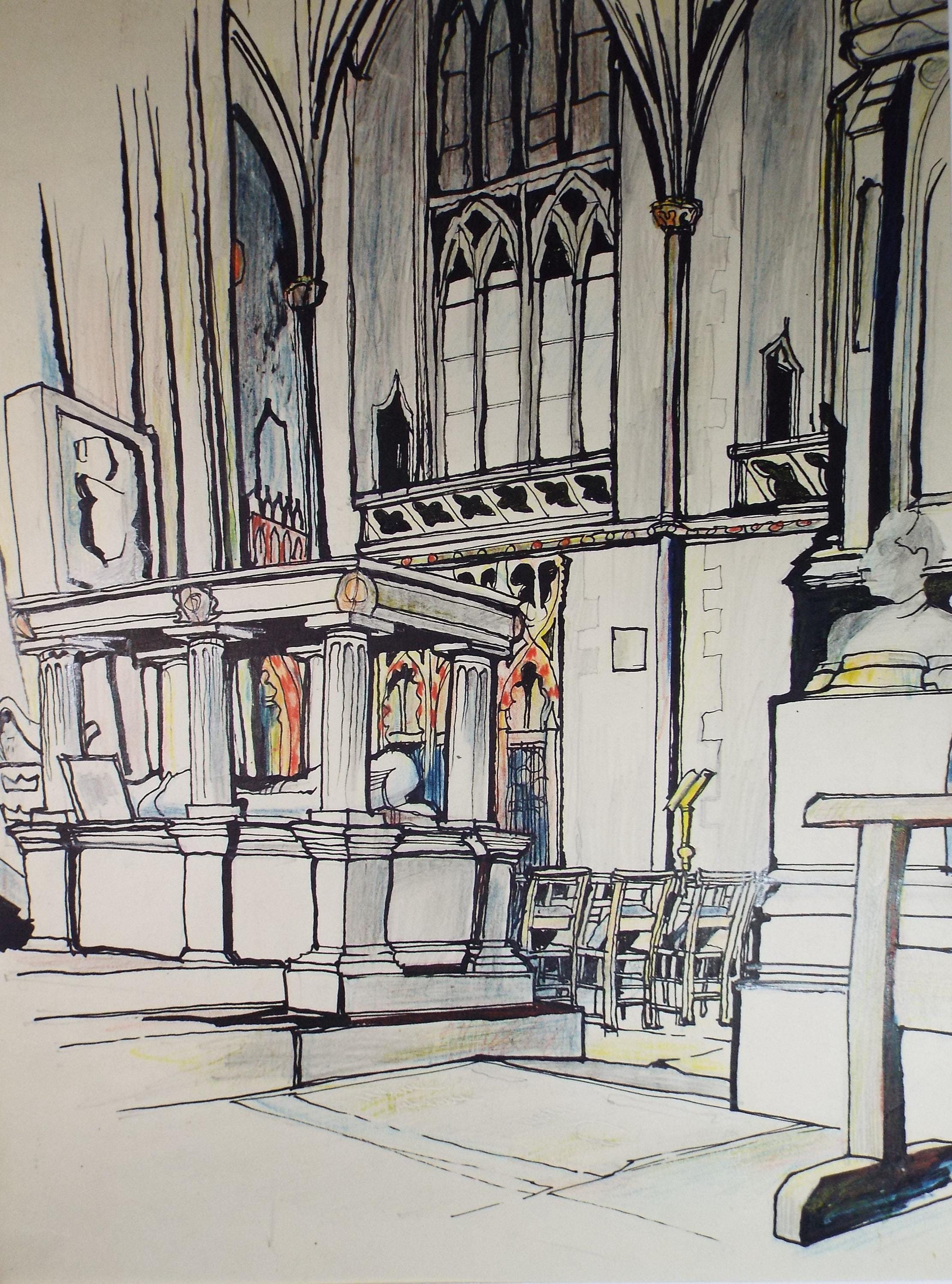 Original Pencil & Ink drawing, 'Inside Bristol Cathedral, John Hambleton Holdcroft (1926-2014), Circa 1960's
