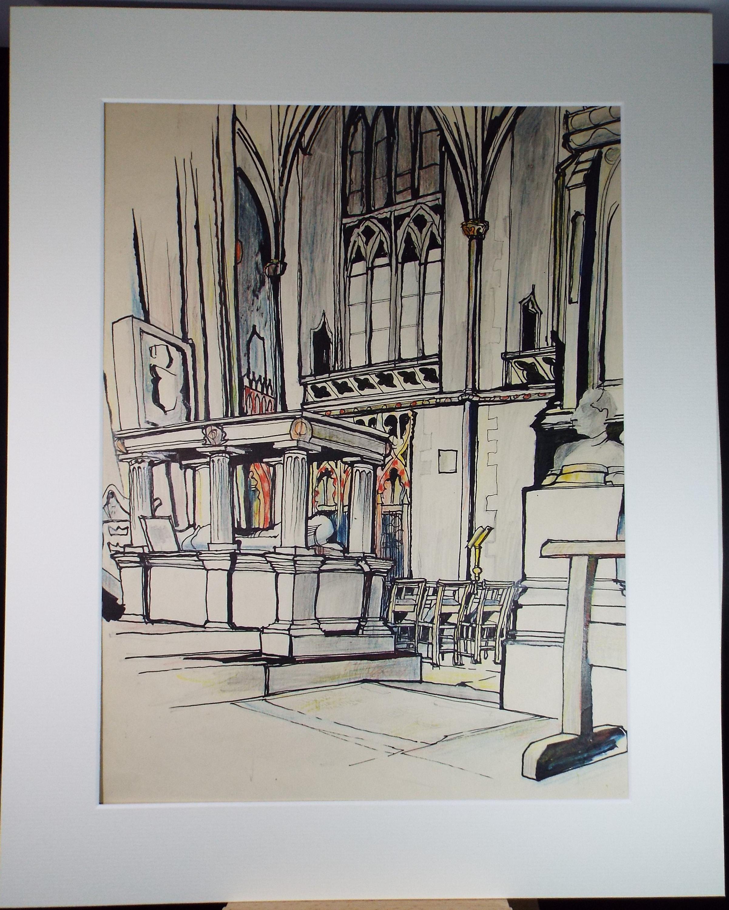 Original Pencil & Ink drawing, 'Inside Bristol Cathedral, John Hambleton Holdcroft (1926-2014), Circa 1960's