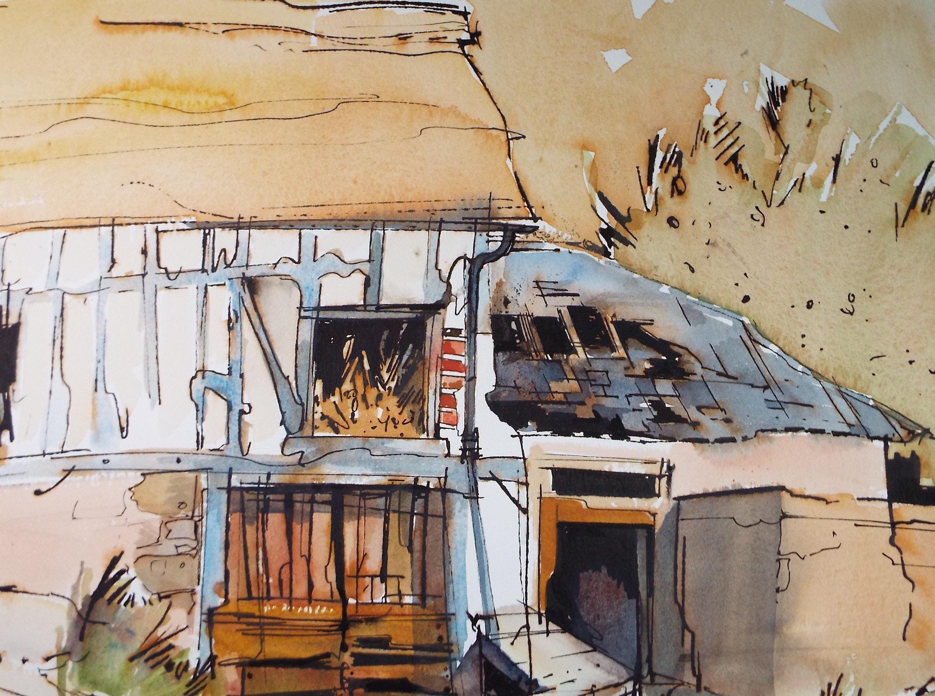 Original Watercolour drawing, 'French Barn', John Hambleton Holdcroft (1926-2014), Circa 1970's