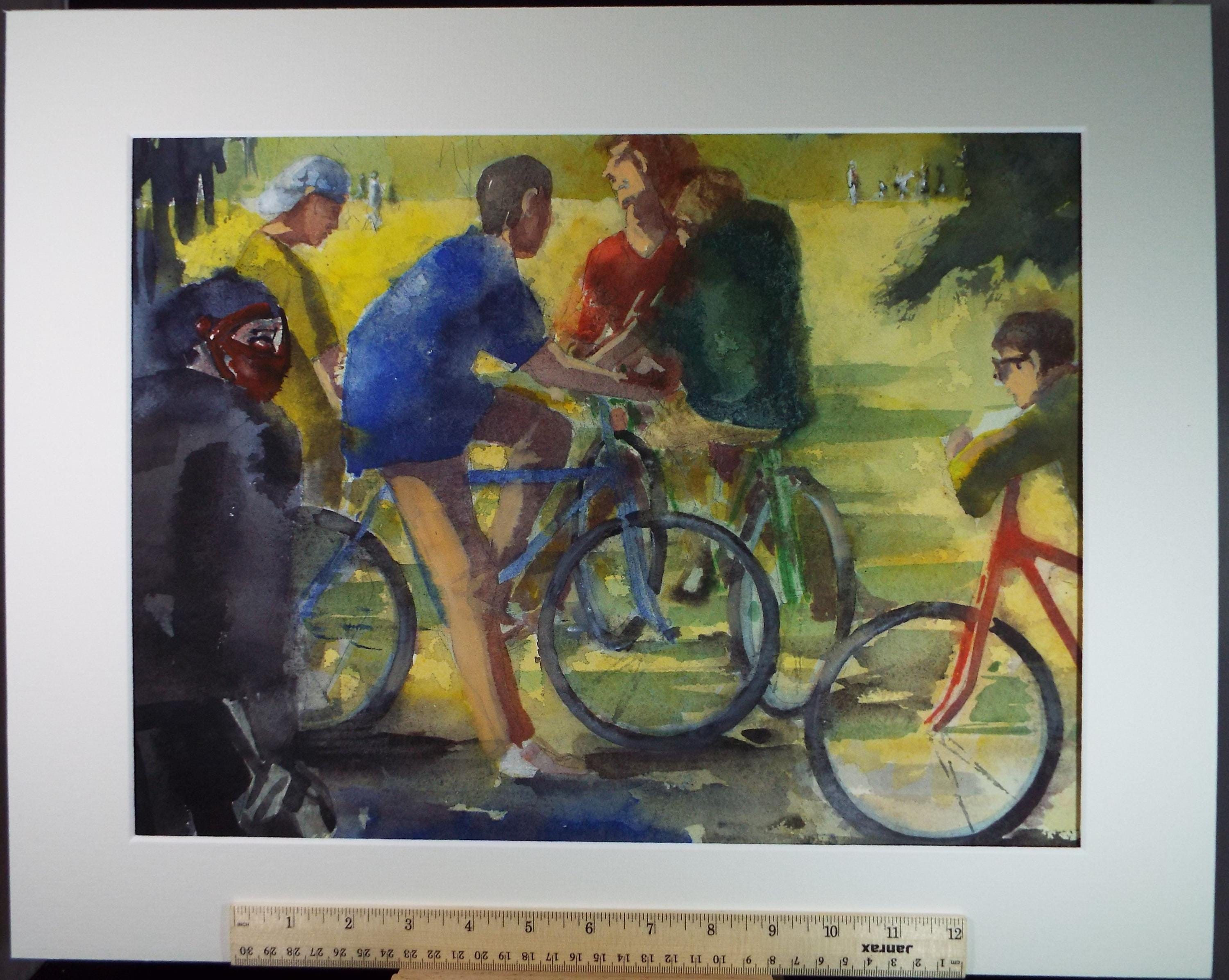 Original Watercolour, 'Threatened Cyclists', June Bevan, c1990's