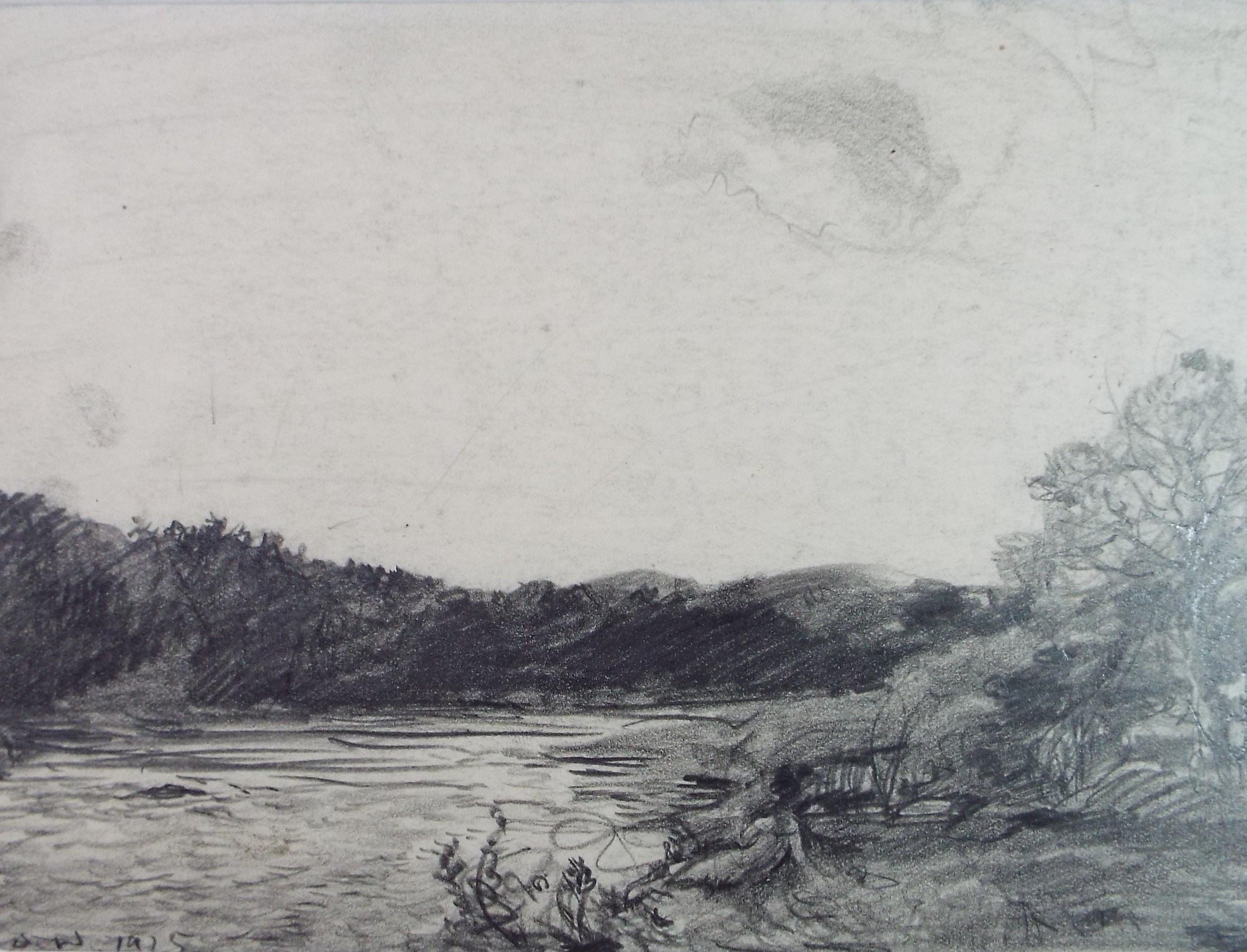 Original Pencil Drawing, 'River landscape', David Waterson RE FSA (1870-1954) Dated 1925