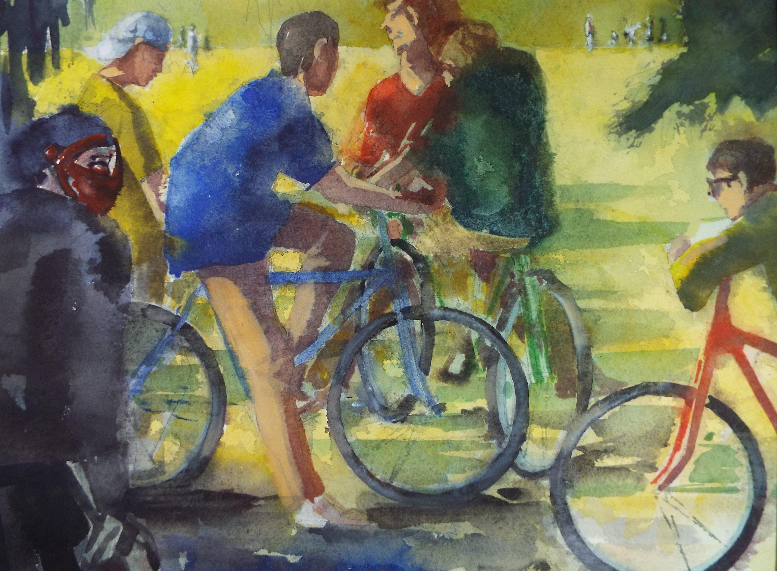 Original Watercolour, 'Threatened Cyclists', June Bevan, c1990's