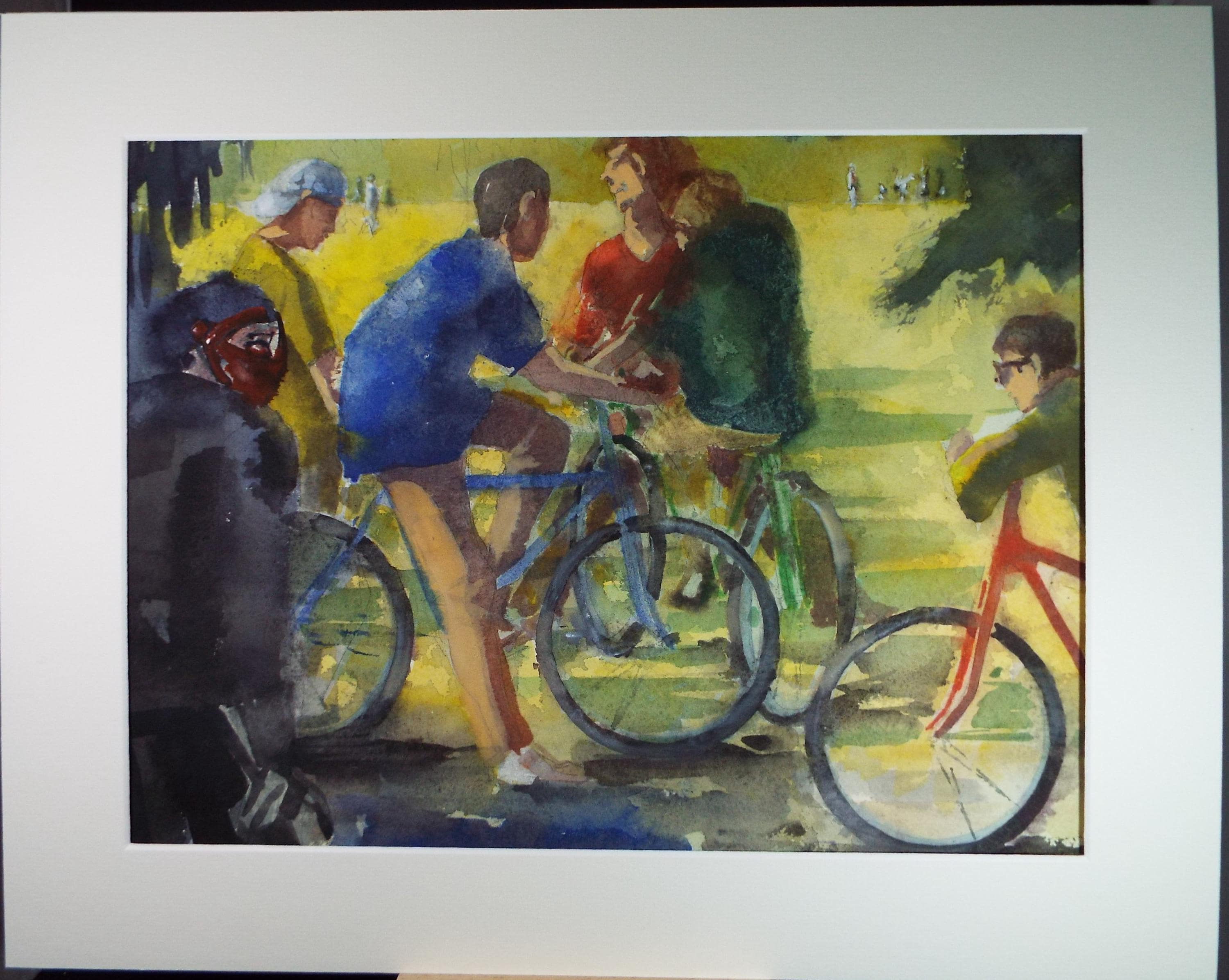 Original Watercolour, 'Threatened Cyclists', June Bevan, c1990's