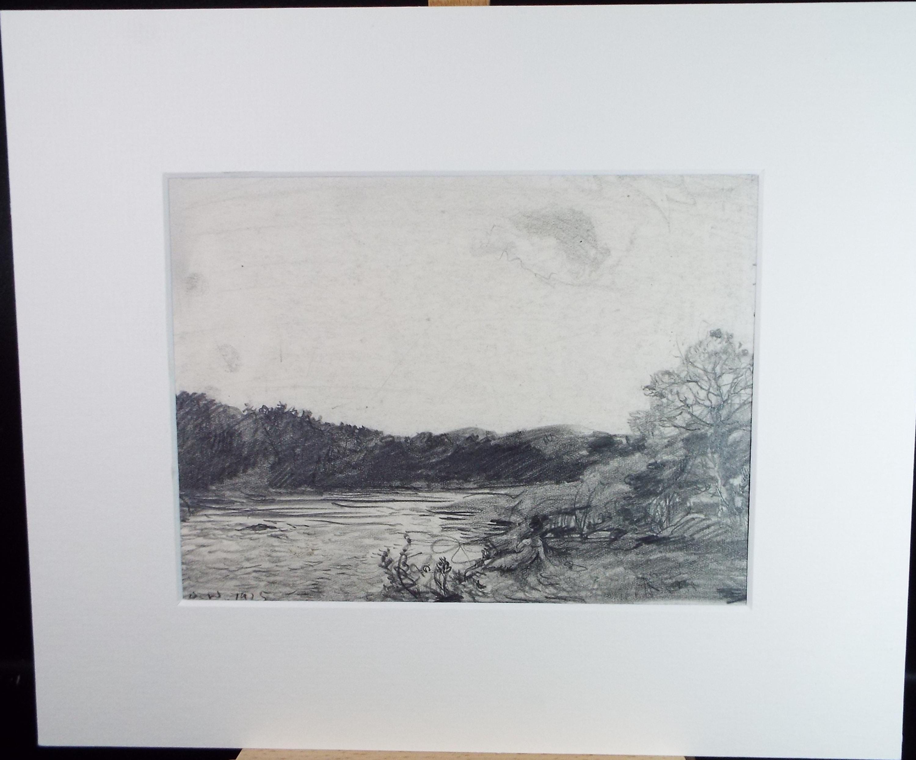 Original Pencil Drawing, 'River landscape', David Waterson RE FSA (1870-1954) Dated 1925