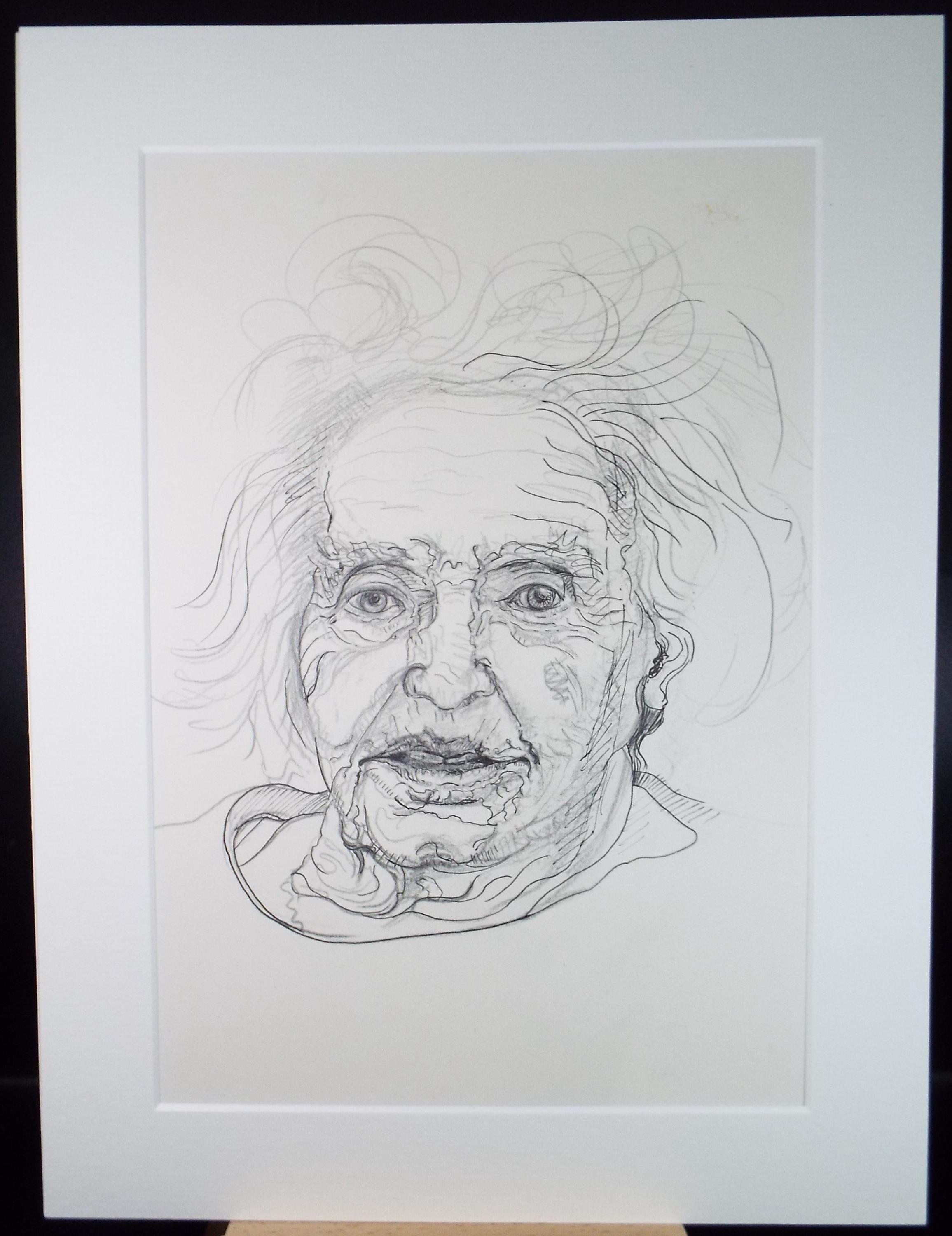 Original ink drawing, 'Woman with wild Hair', artist unknown, circa 1990's