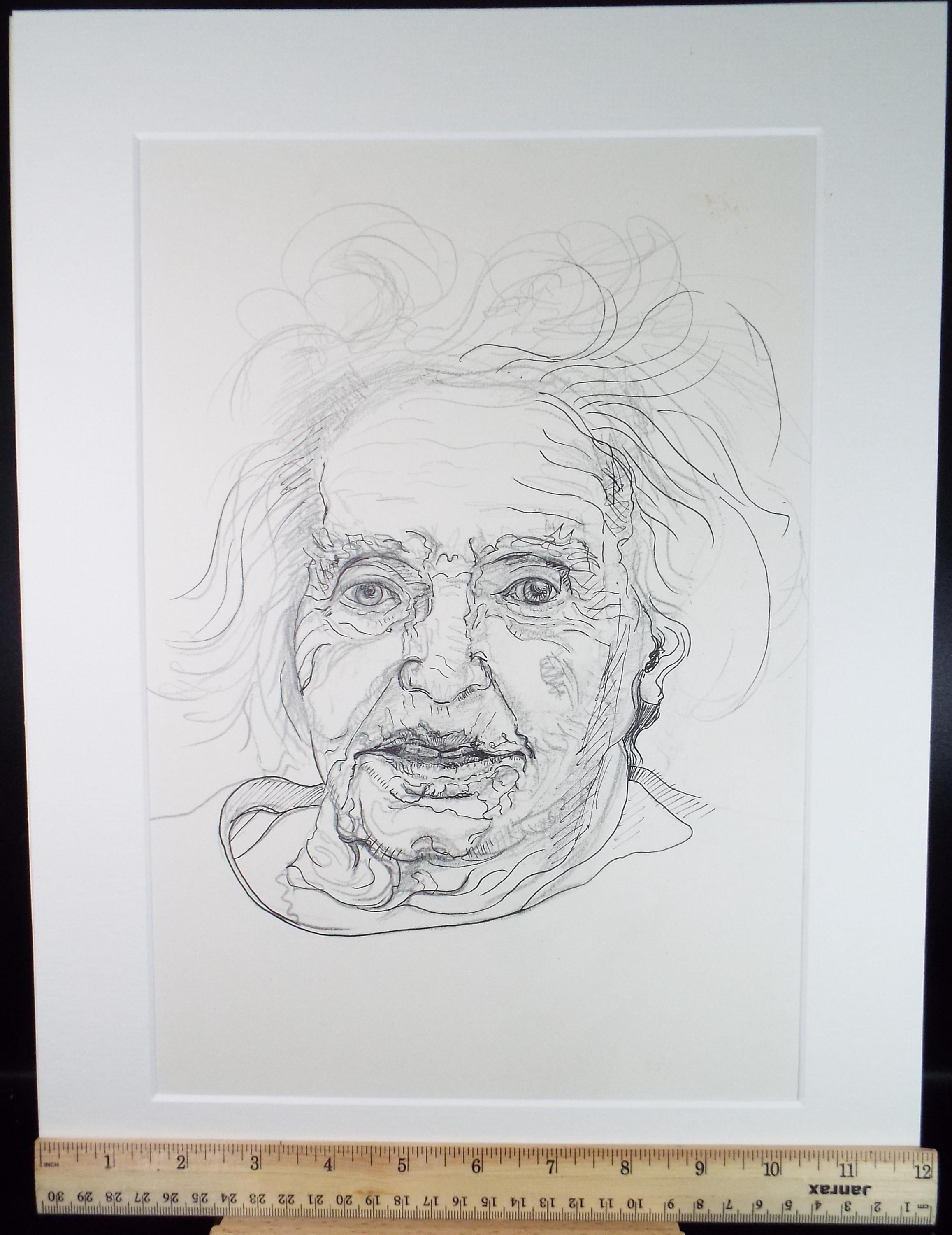 Original ink drawing, 'Woman with wild Hair', artist unknown, circa 1990's