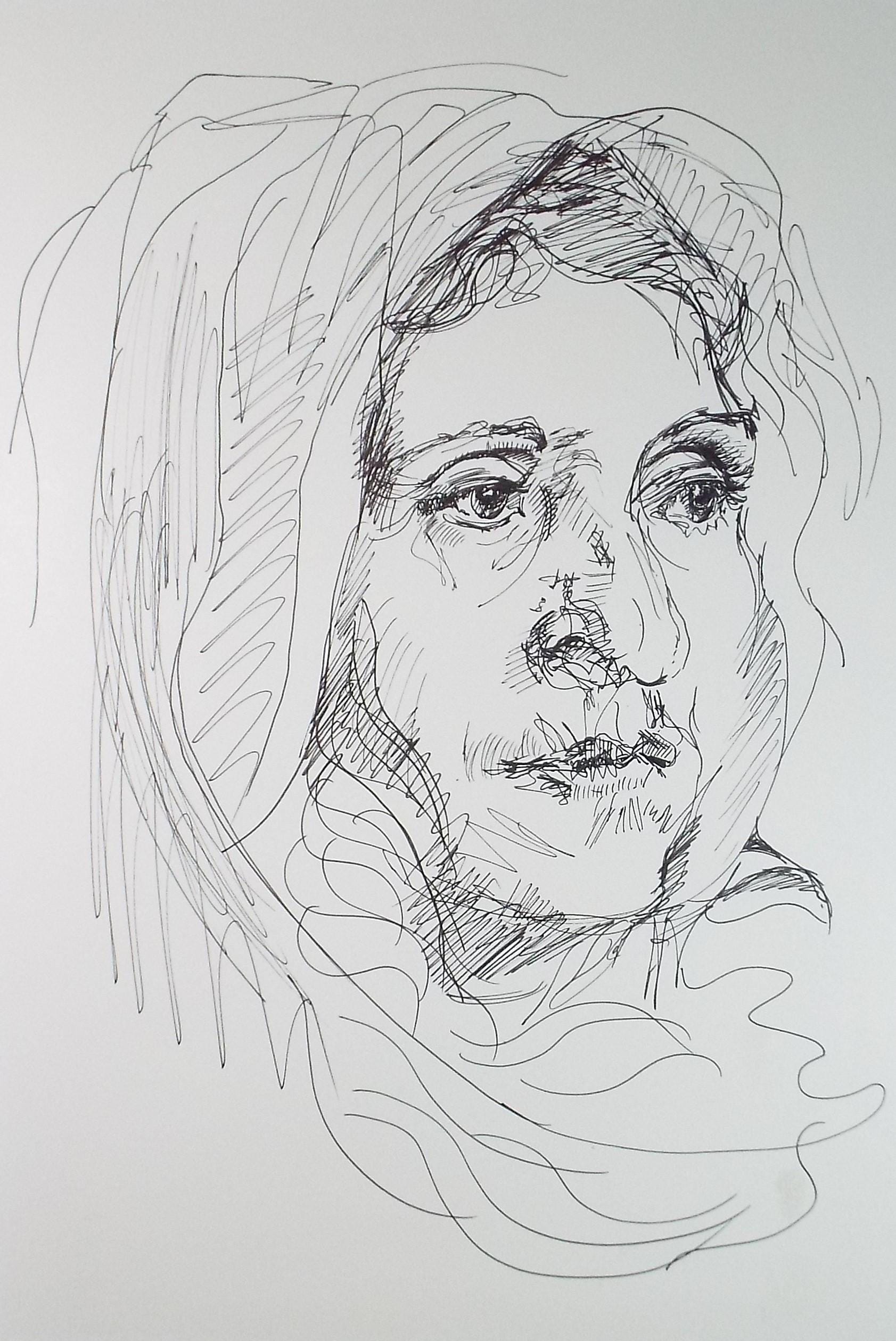 Original ink drawing, 'Portrait of a Woman', artist unknown, circa 1990's