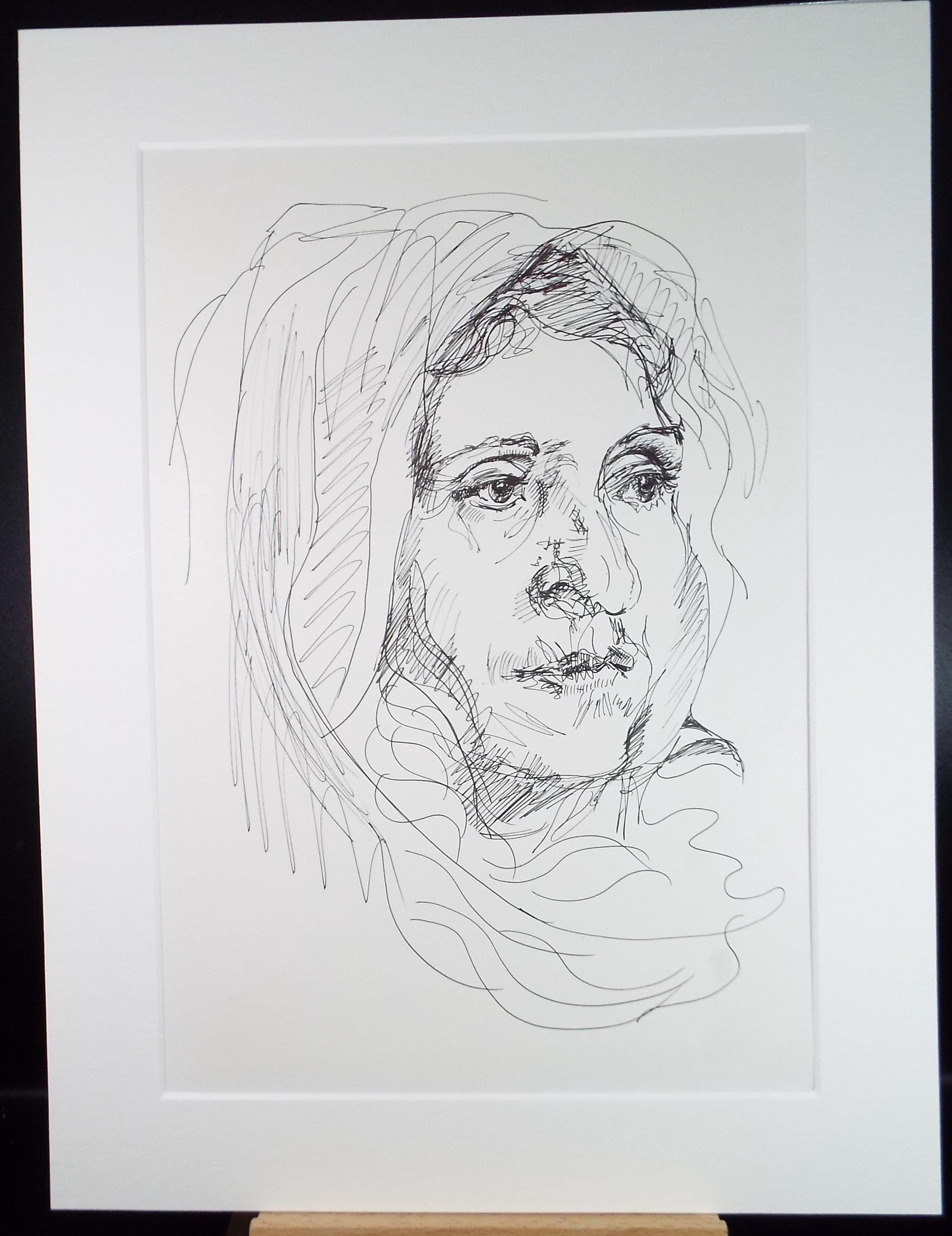 Original ink drawing, 'Portrait of a Woman', artist unknown, circa 1990's