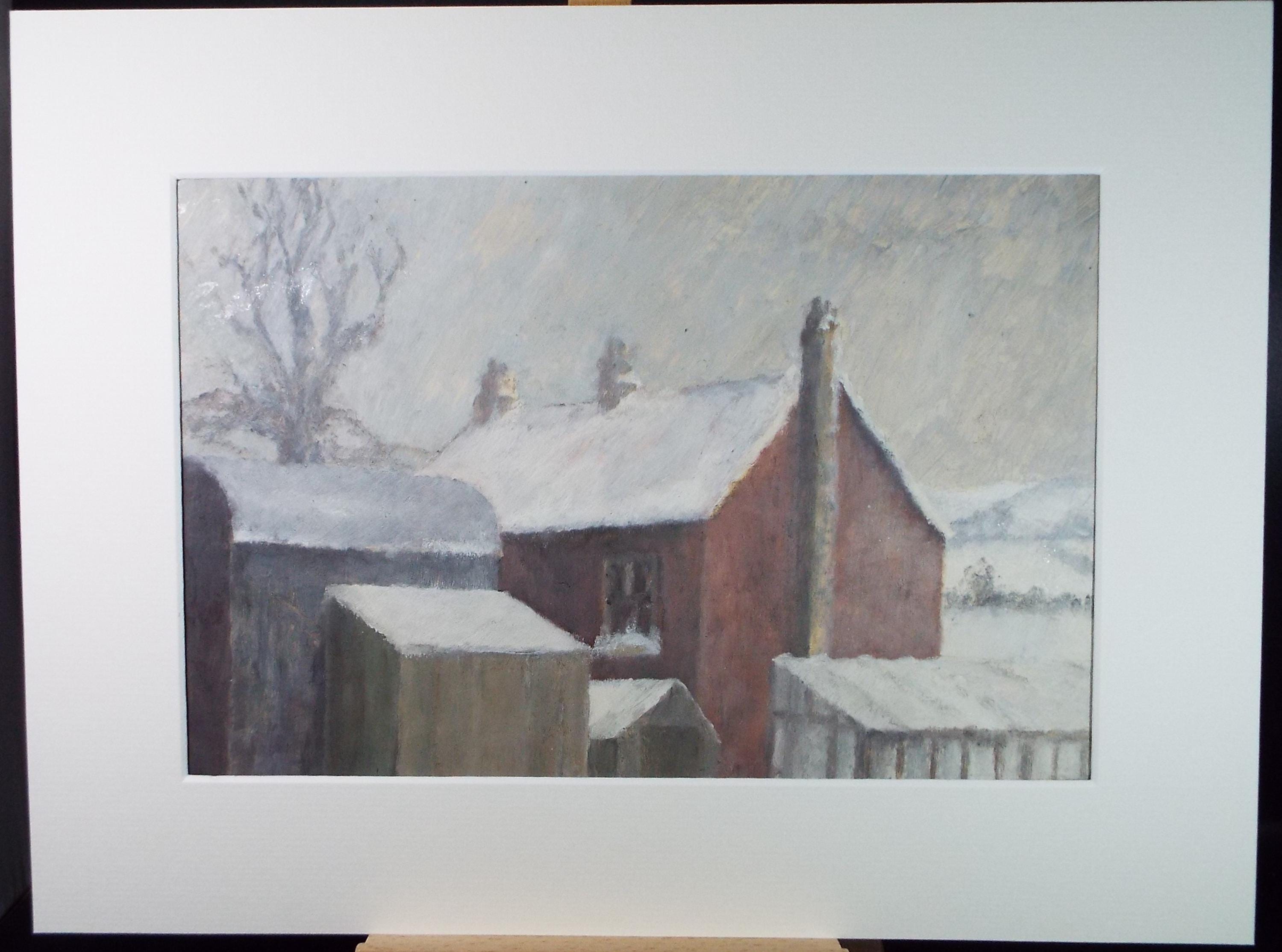 Original Gouache , 'Snow Covered Farmhouse', Artist Unknown, circa 1950's
