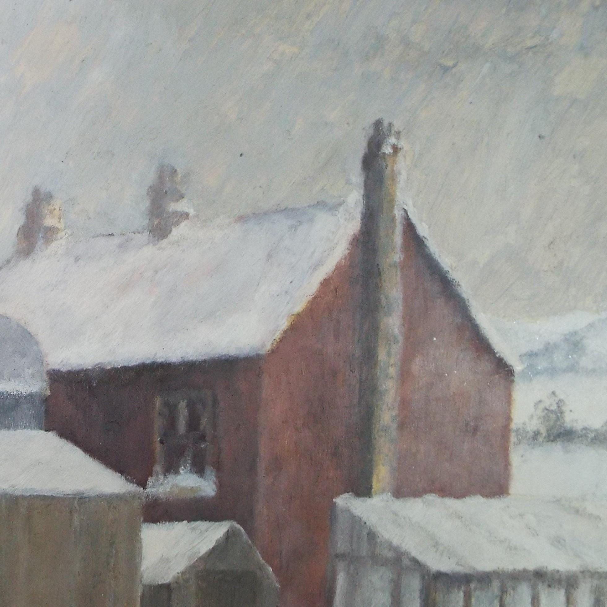Original Gouache , 'Snow Covered Farmhouse', Artist Unknown, circa 1950's