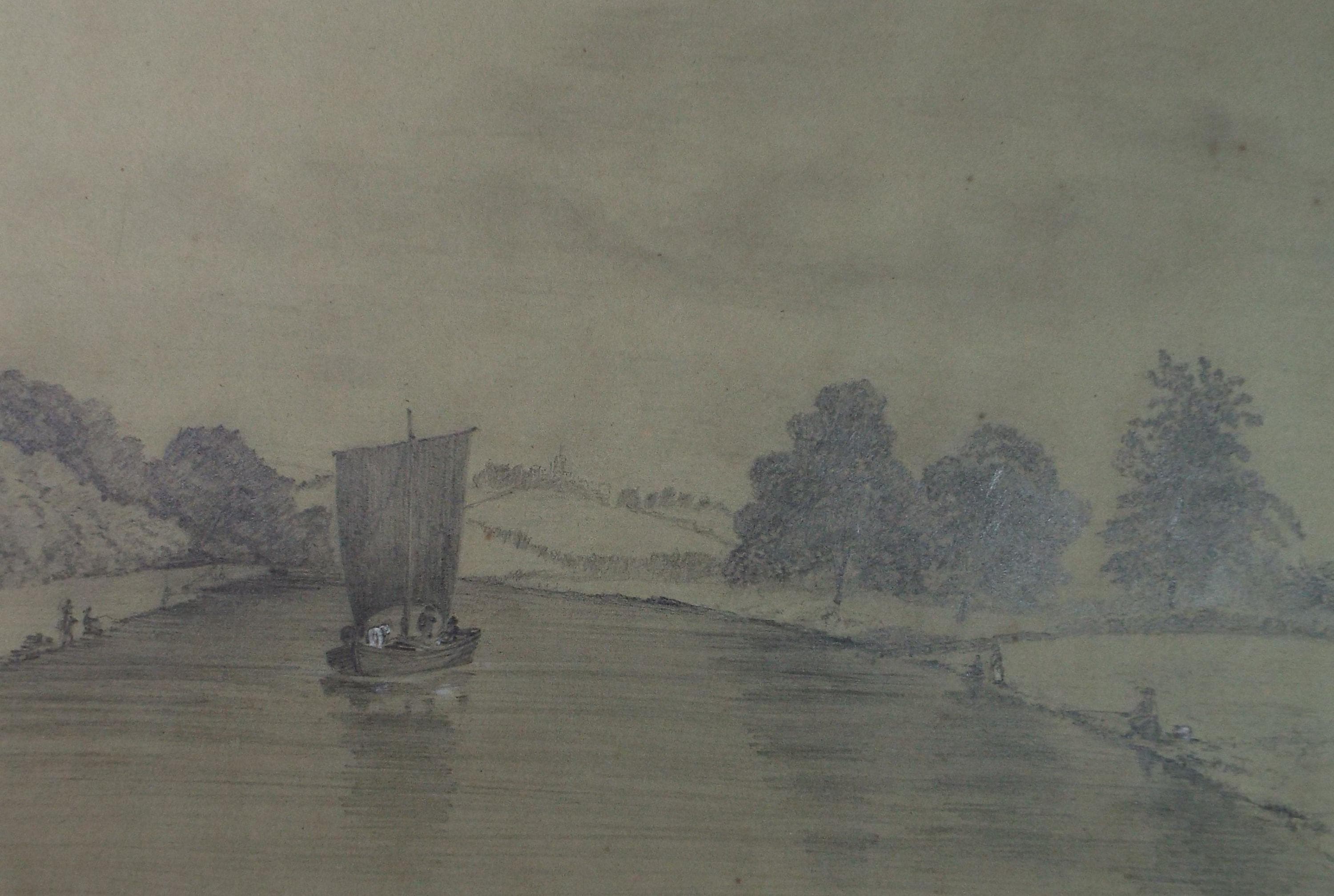 Pencil Drawing,'River View with Figures', dated 1856, Unknown Artist