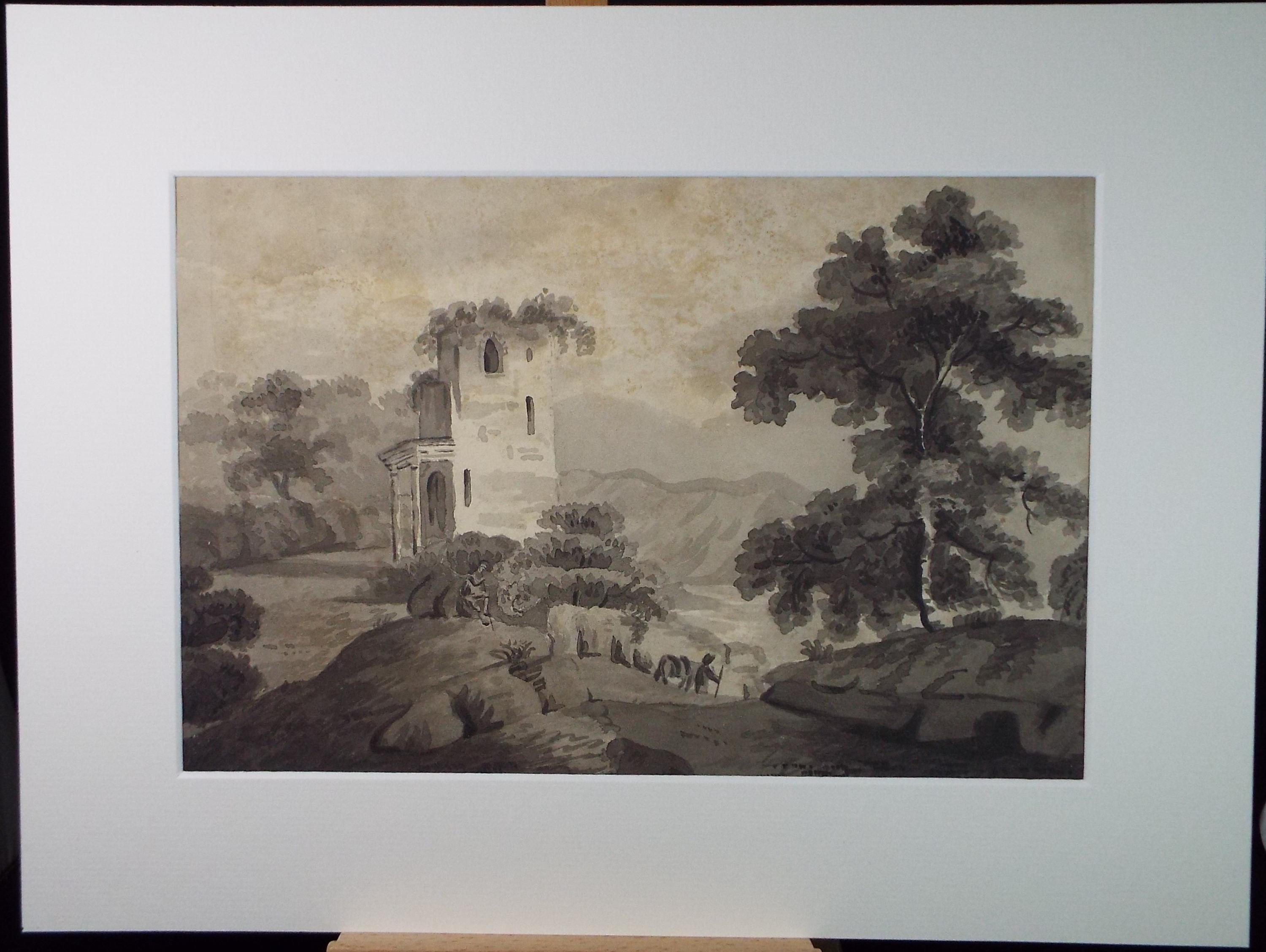 Original Watercolour, 'Landscape with Tower', Unknown Artist - Late 19th Century