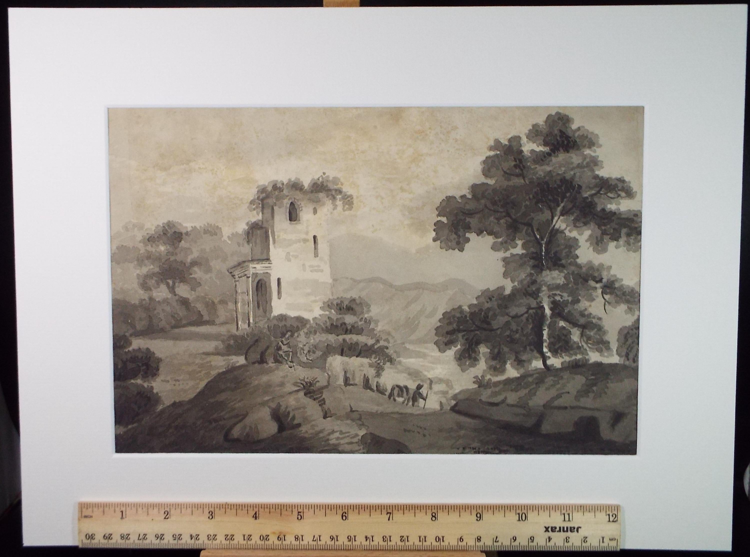 Original Watercolour, 'Landscape with Tower', Unknown Artist - Late 19th Century