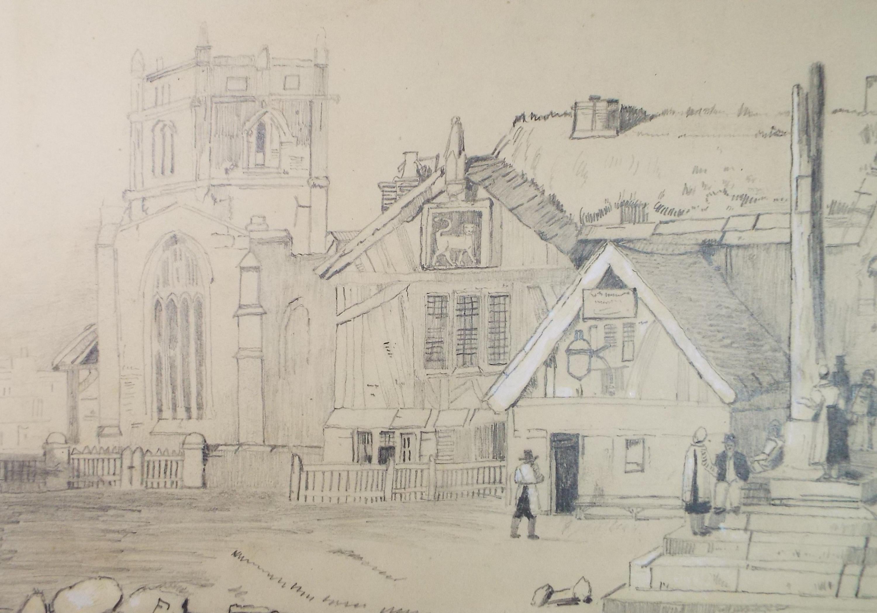 Pencil Drawing,'Tavern & Church', Mid 19th century, Unknown Artist