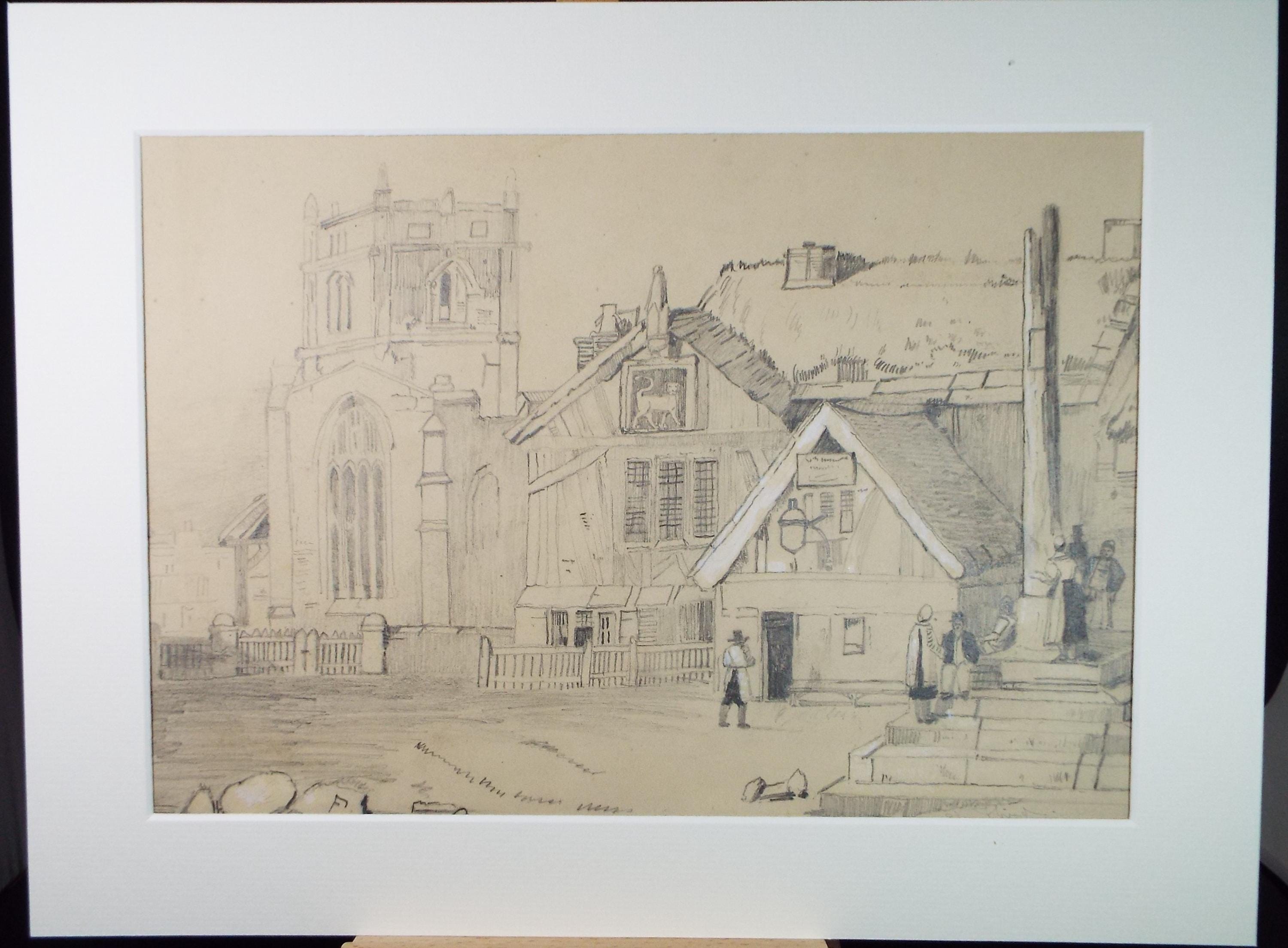 Pencil Drawing,'Tavern & Church', Mid 19th century, Unknown Artist