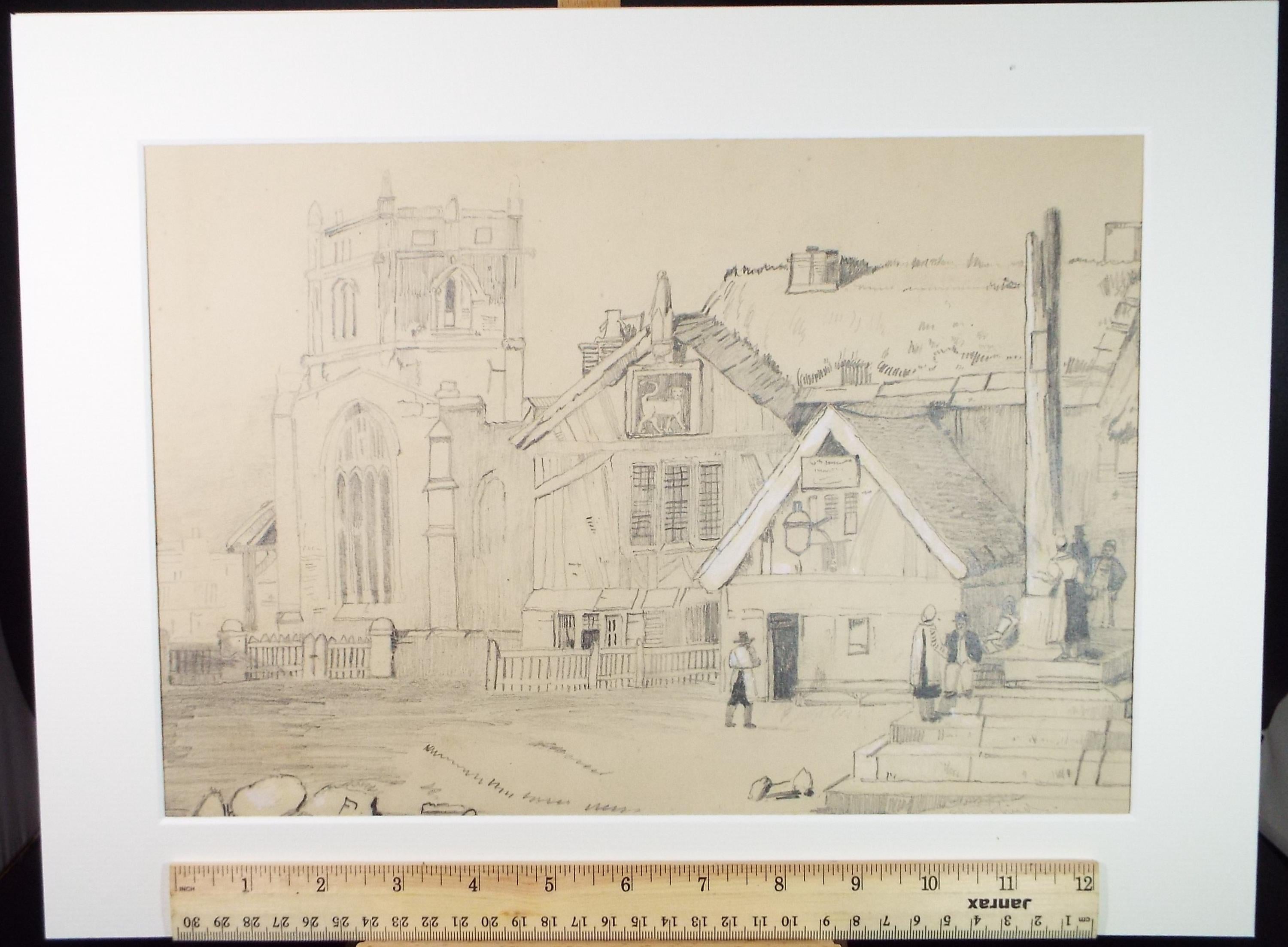 Pencil Drawing,'Tavern & Church', Mid 19th century, Unknown Artist