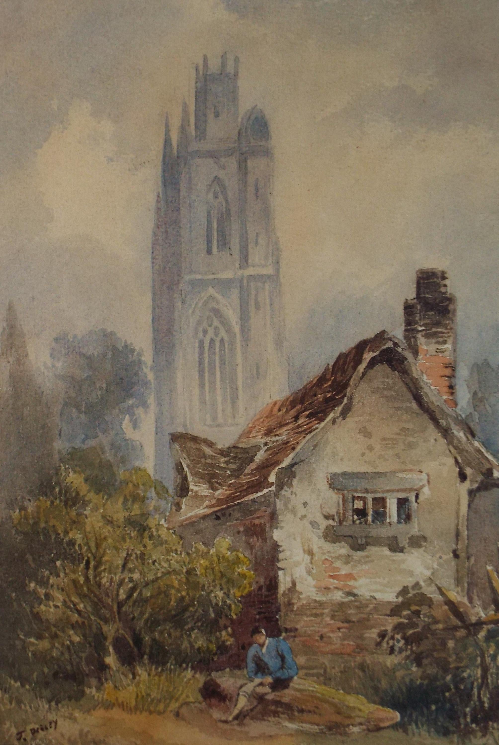 Original Watercolour, 'Cottage, Figure and Church Tower', Late 19th Century