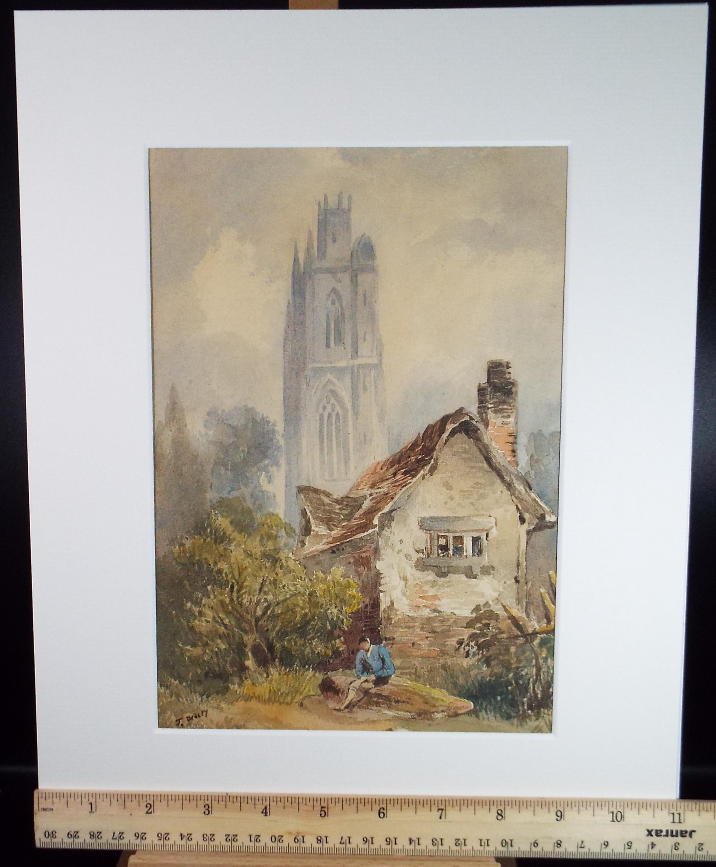Original Watercolour, 'Cottage, Figure and Church Tower', Late 19th Century