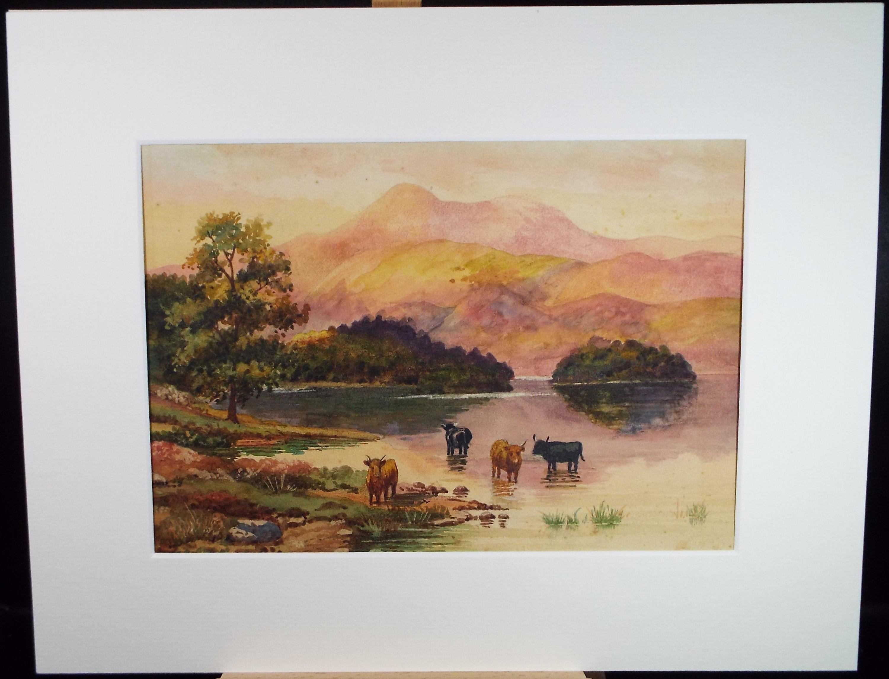 Original Watercolour, 'Cattle Watering' Late 19th Century, Artist Unknown