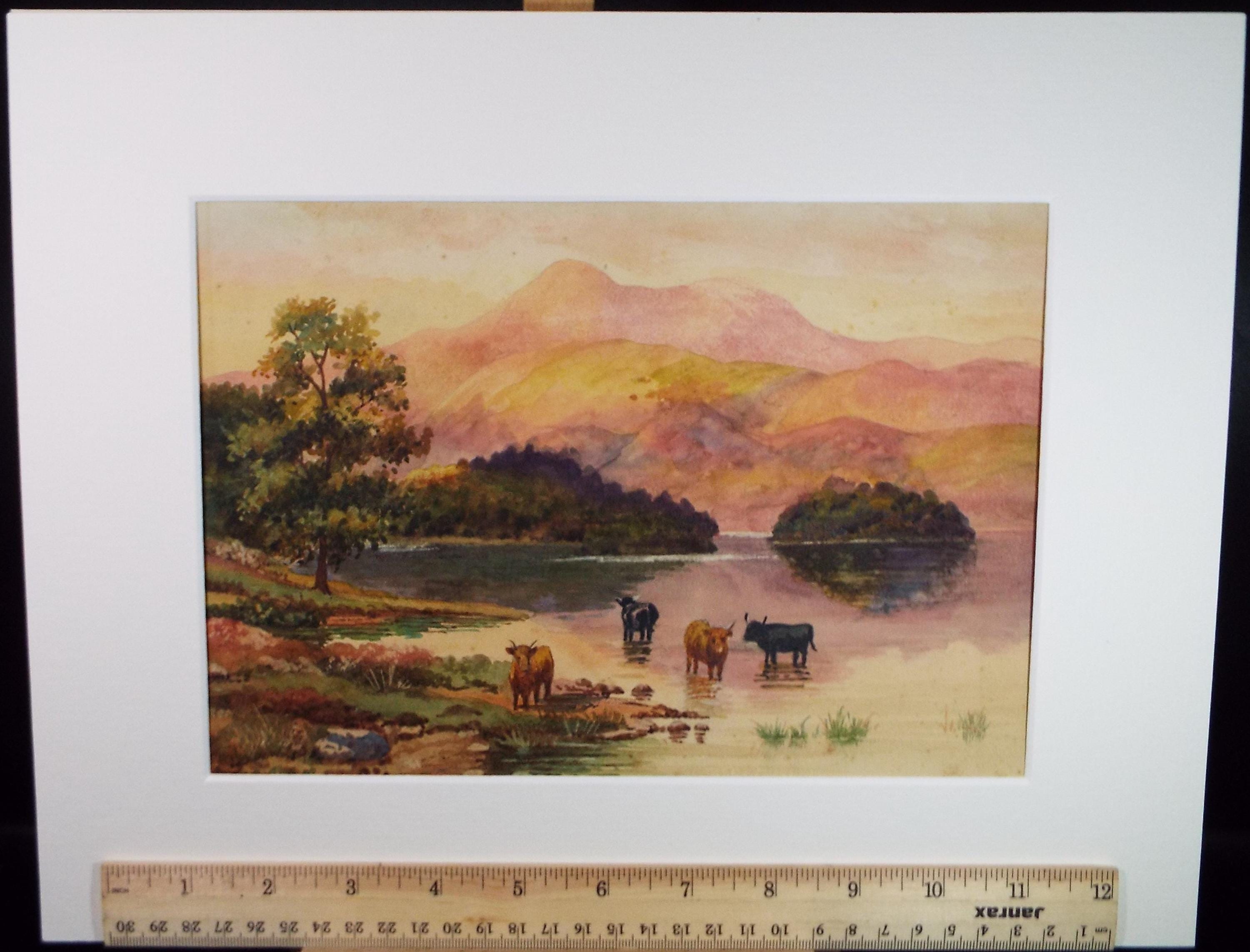 Original Watercolour, 'Cattle Watering' Late 19th Century, Artist Unknown