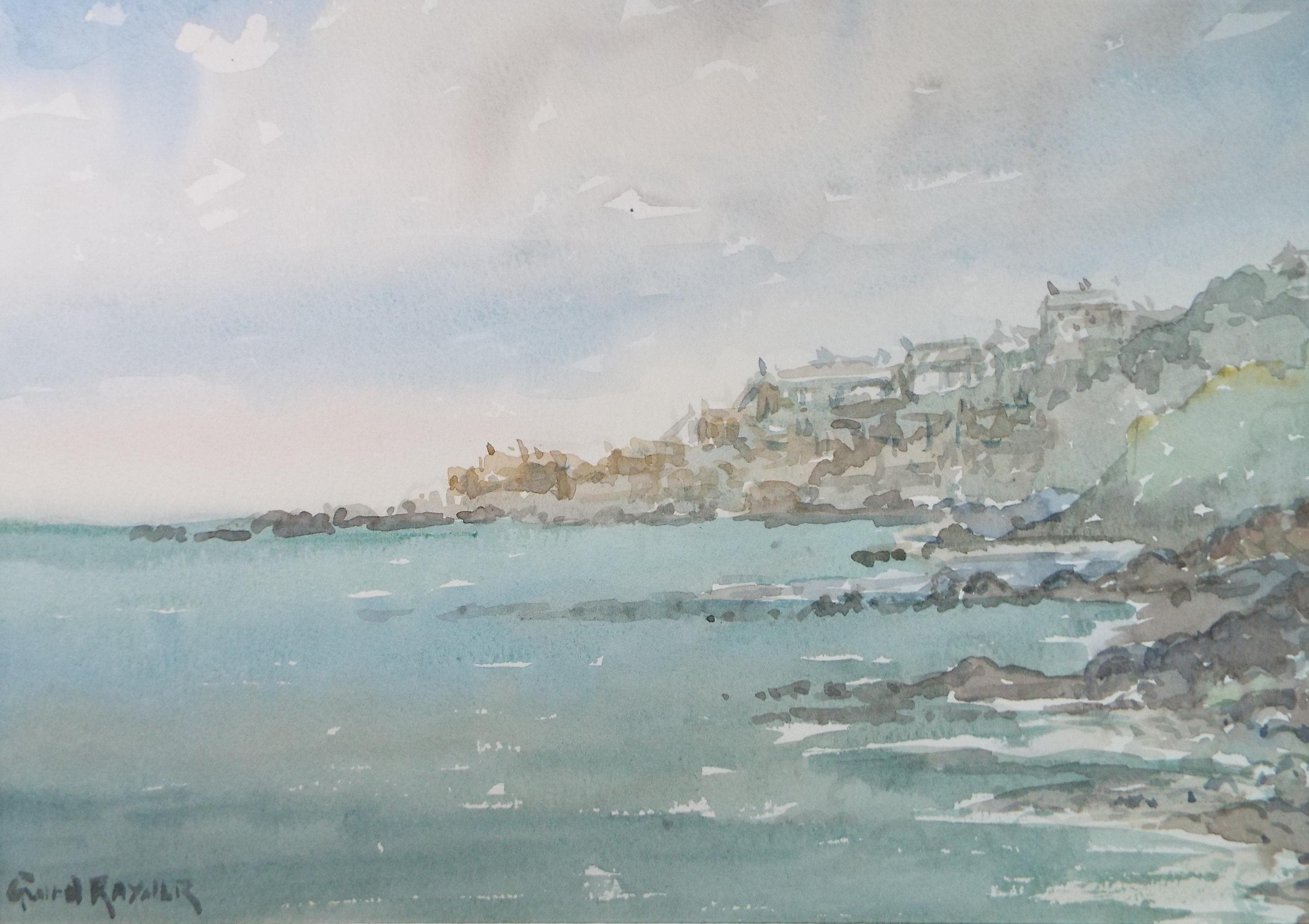 Original Watercolour, 'Coastal Village', Gwen Rayner, c1970's