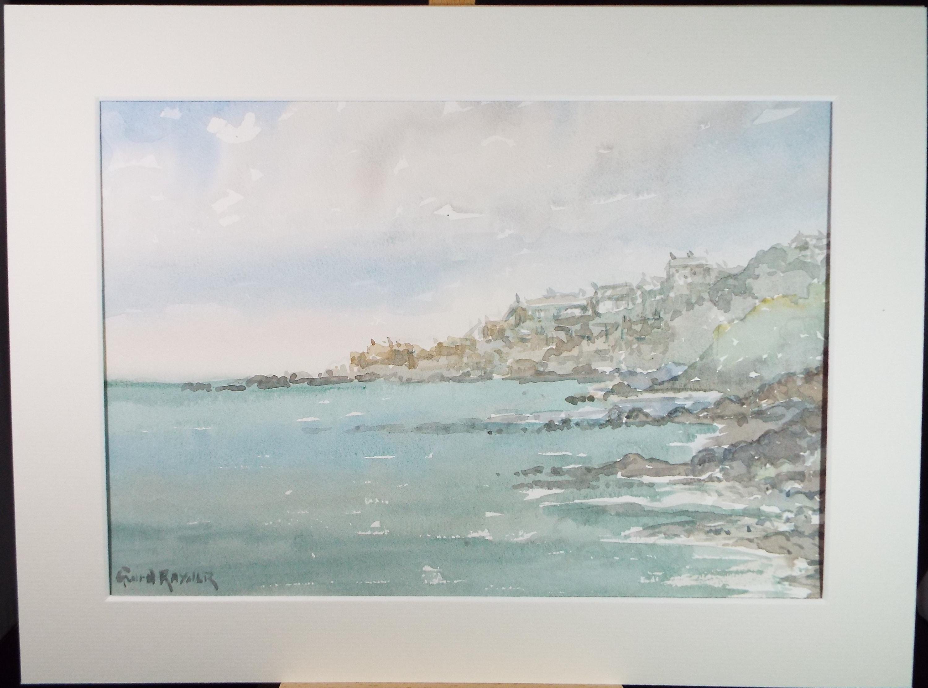Original Watercolour, 'Coastal Village', Gwen Rayner, c1970's