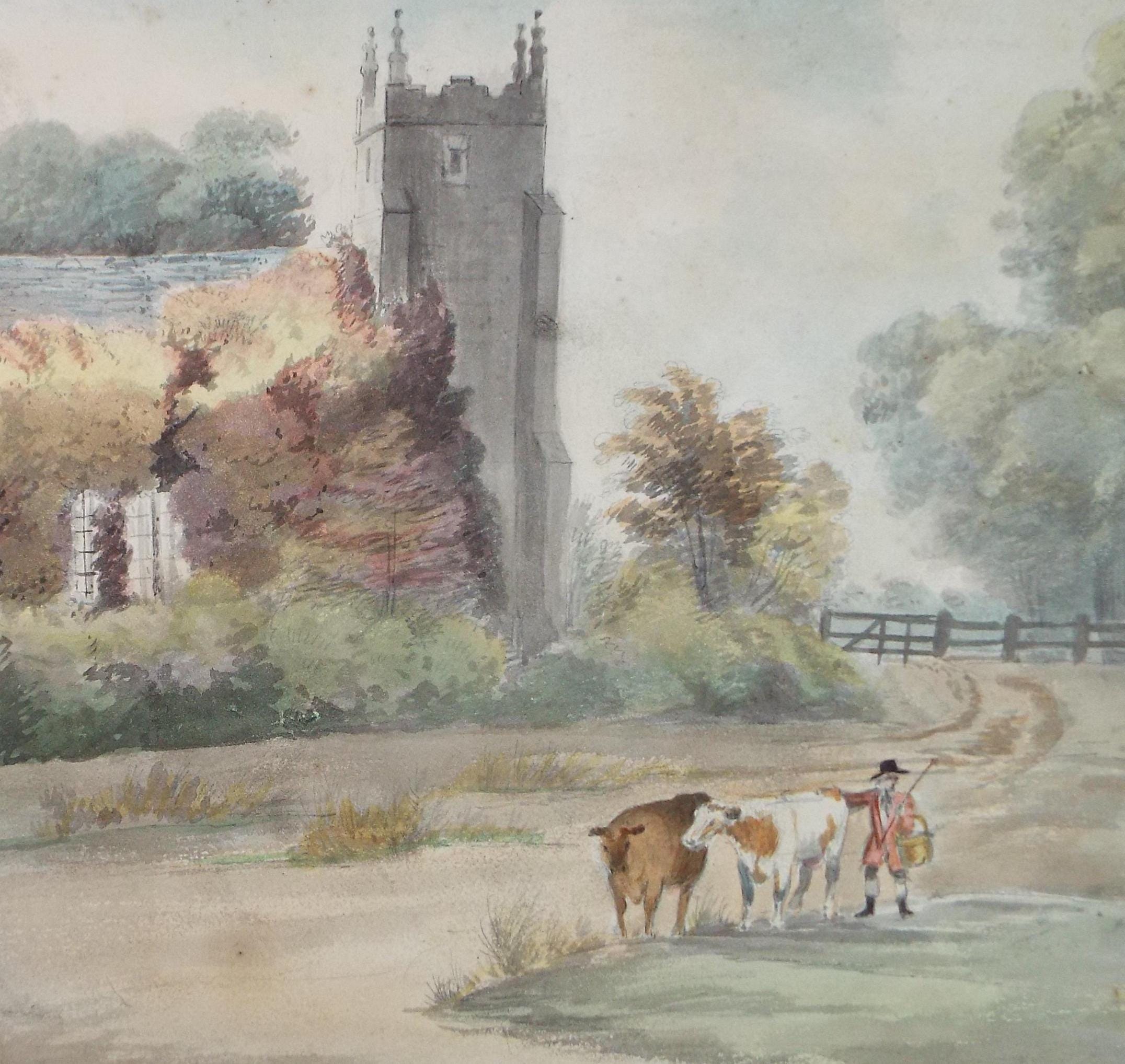 Original Watercolour on Paper, 'Farmer with Cattle', Late 19th Century