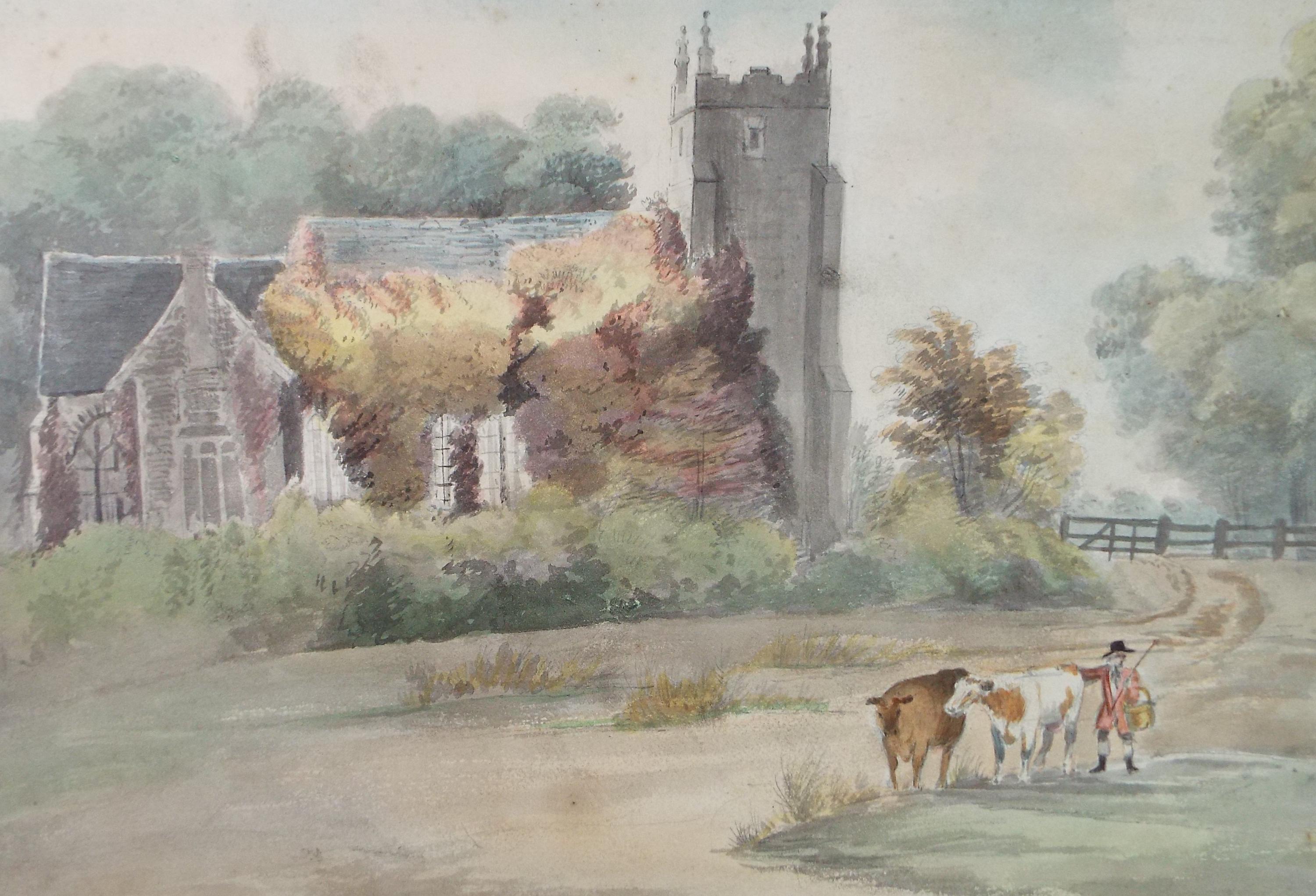 Original Watercolour on Paper, 'Farmer with Cattle', Late 19th Century