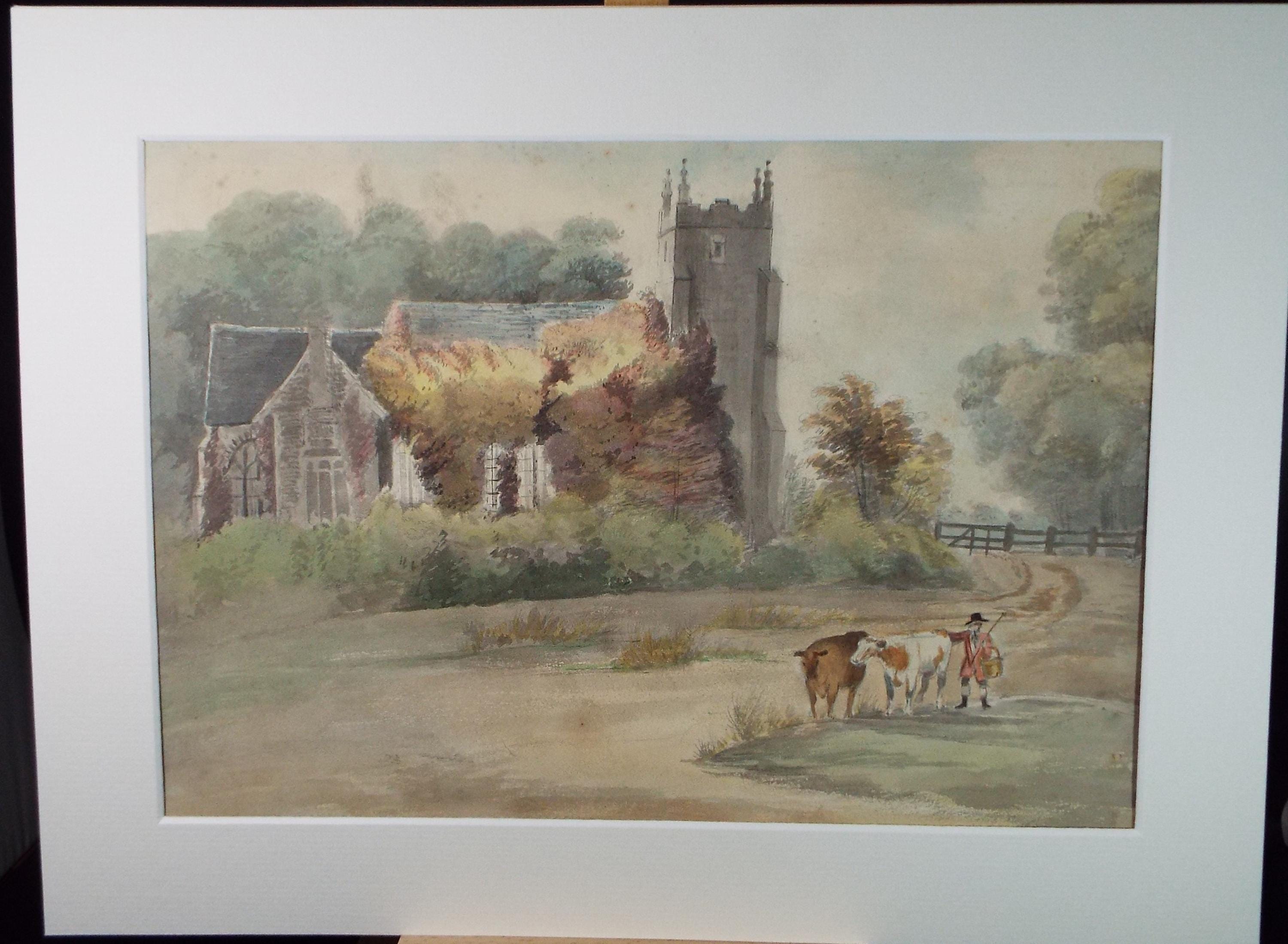 Original Watercolour on Paper, 'Farmer with Cattle', Late 19th Century