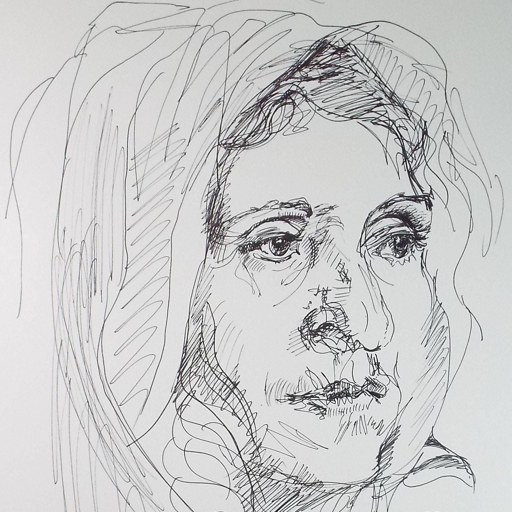 Original ink drawing, 'Portrait of a Woman', artist unknown, circa 1990's