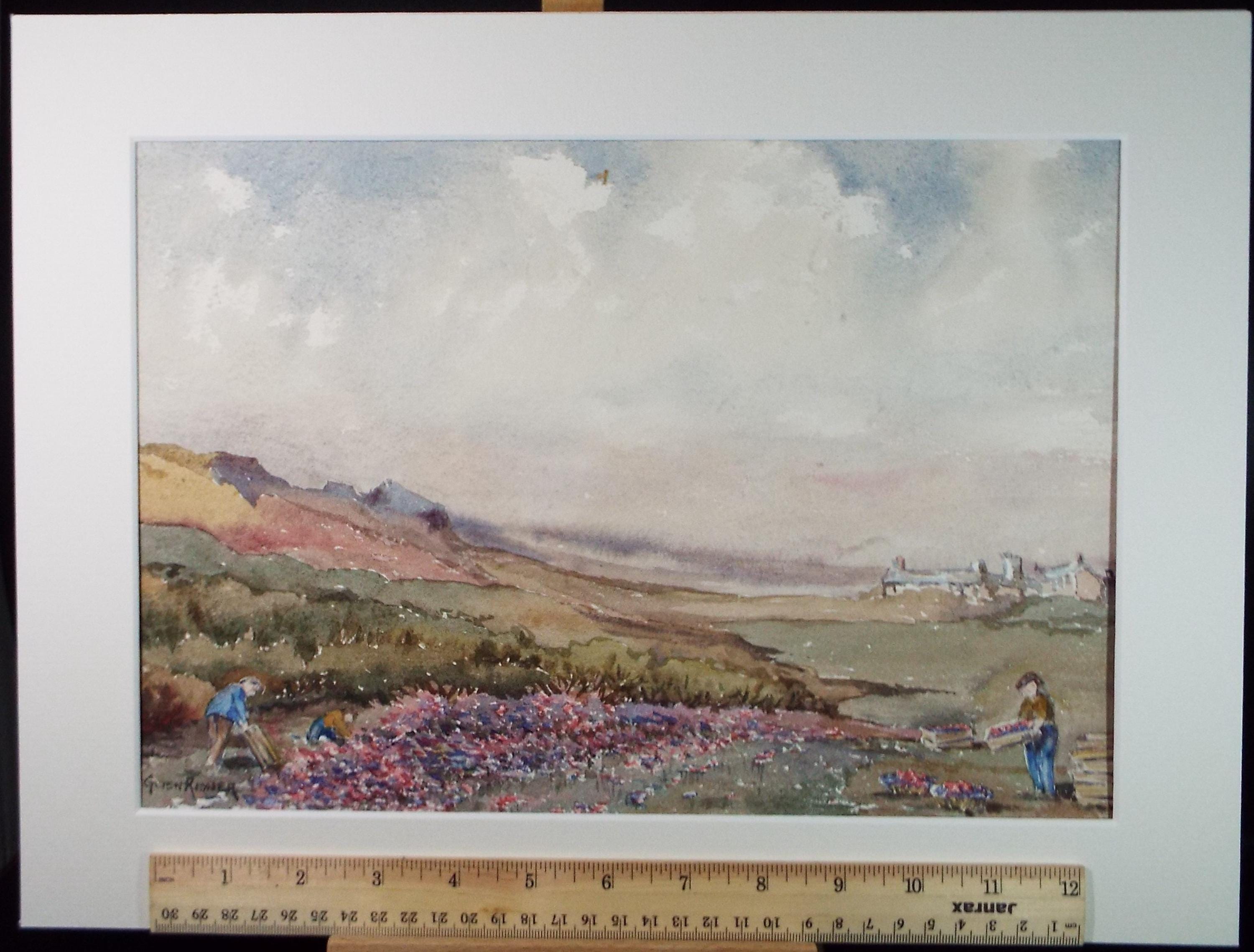 Original Watercolour, 'Crop Picking', Gwen Rayner, c1970's