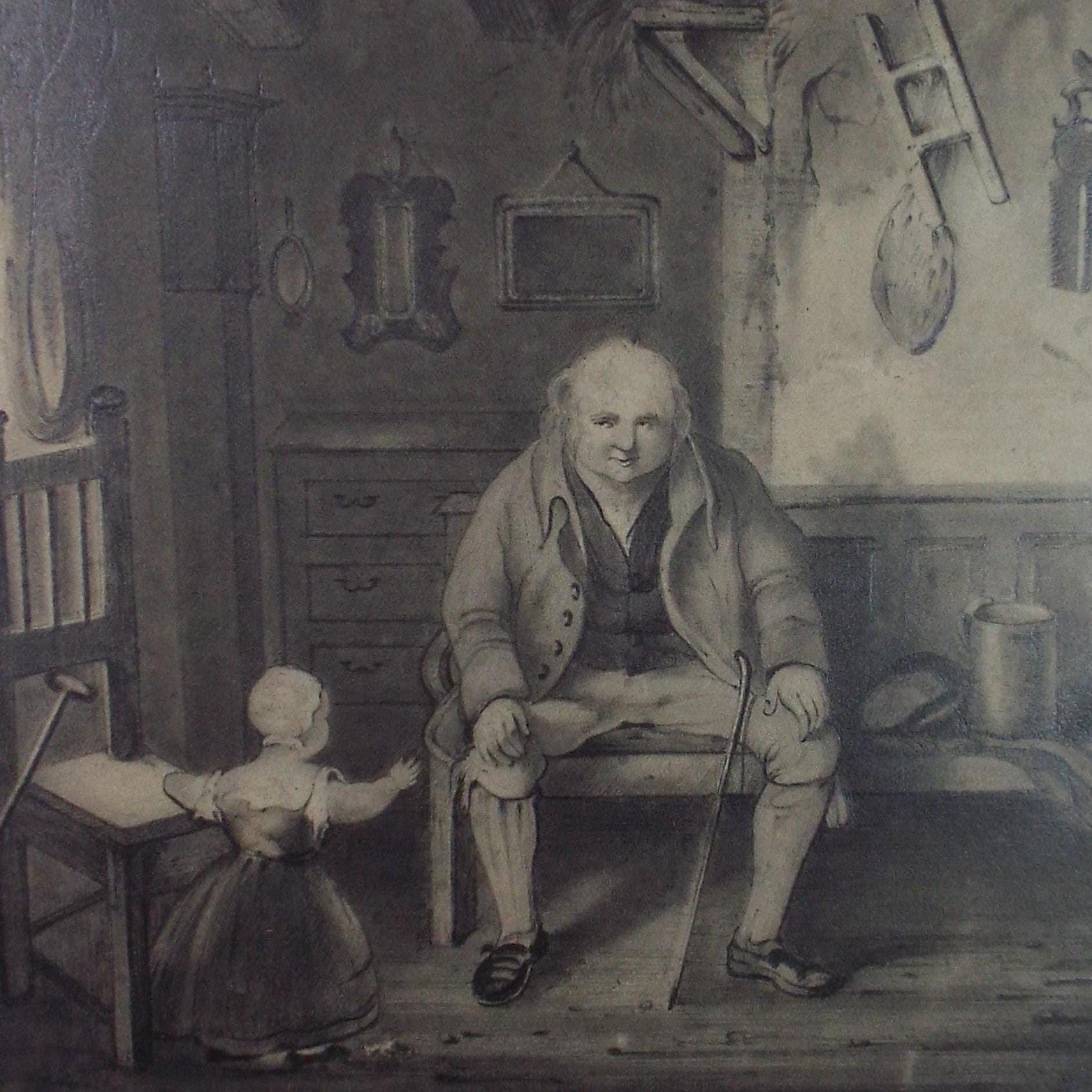 Pencil drawing,'Interior with seated figure & Child', late 19th Century