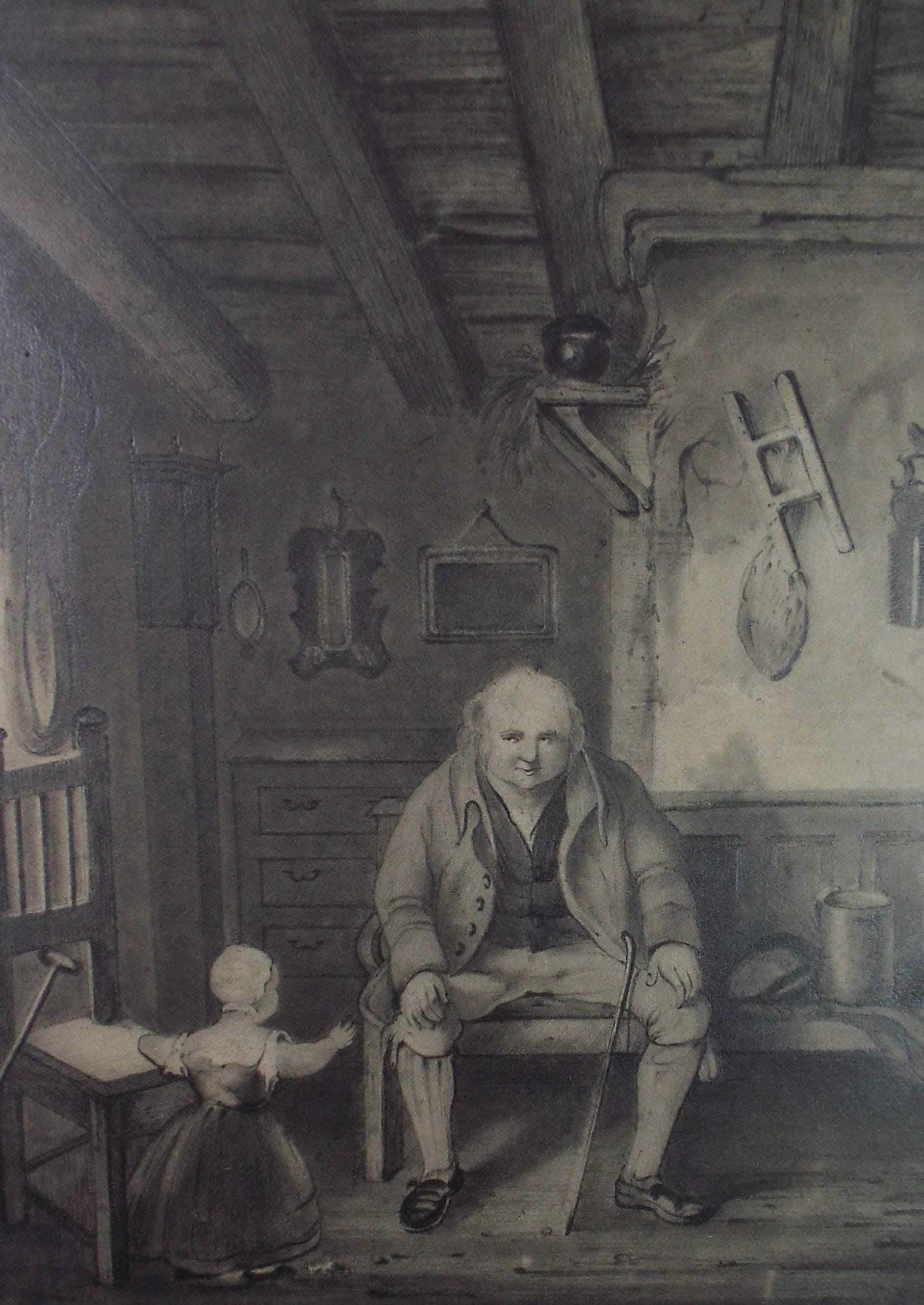 Pencil drawing,'Interior with seated figure & Child', late 19th Century
