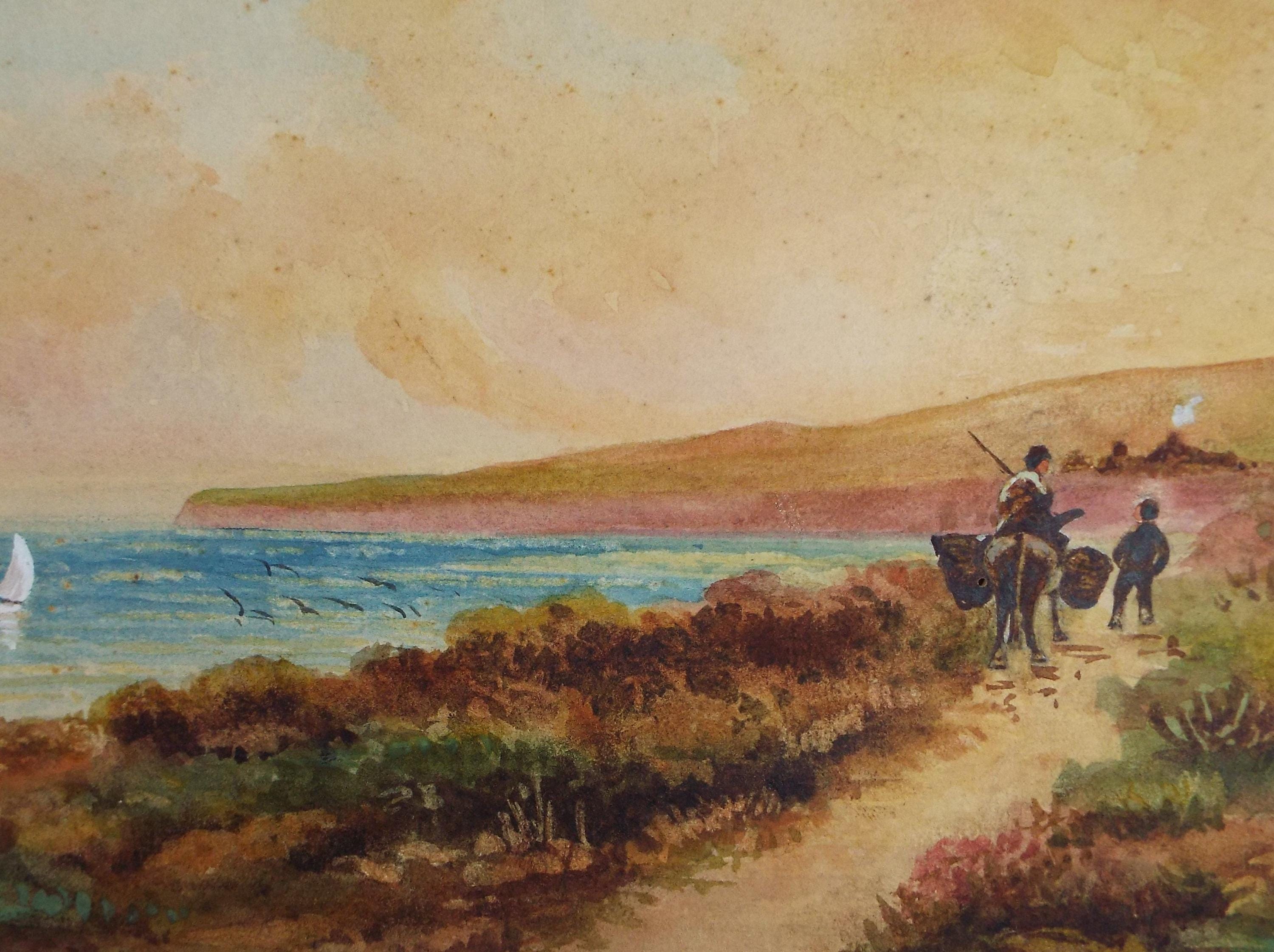 Original Watercolour, 'Packhorse on a Coastal Path', 1920's , unknown artist