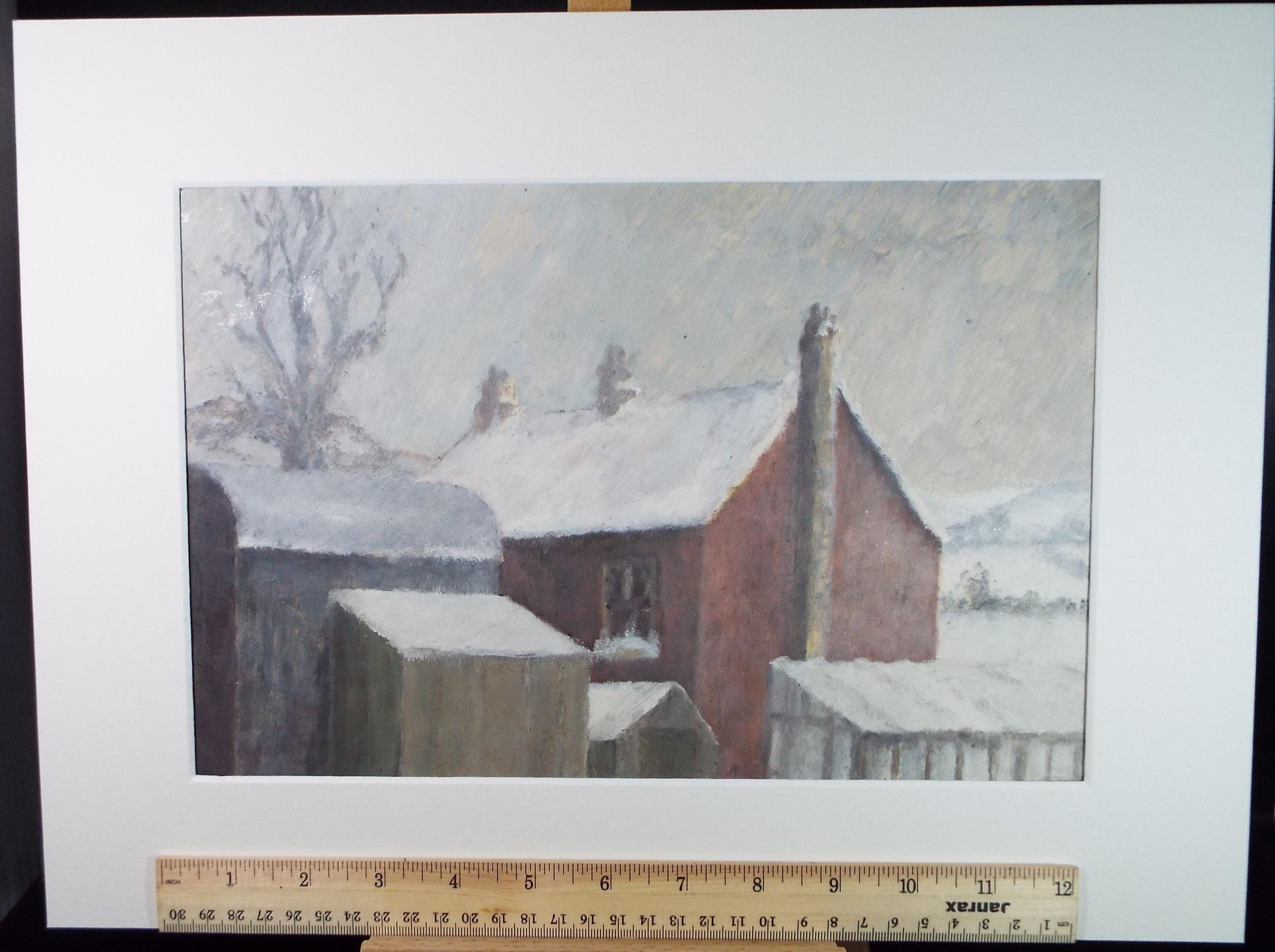 Original Gouache , 'Snow Covered Farmhouse', Artist Unknown, circa 1950's