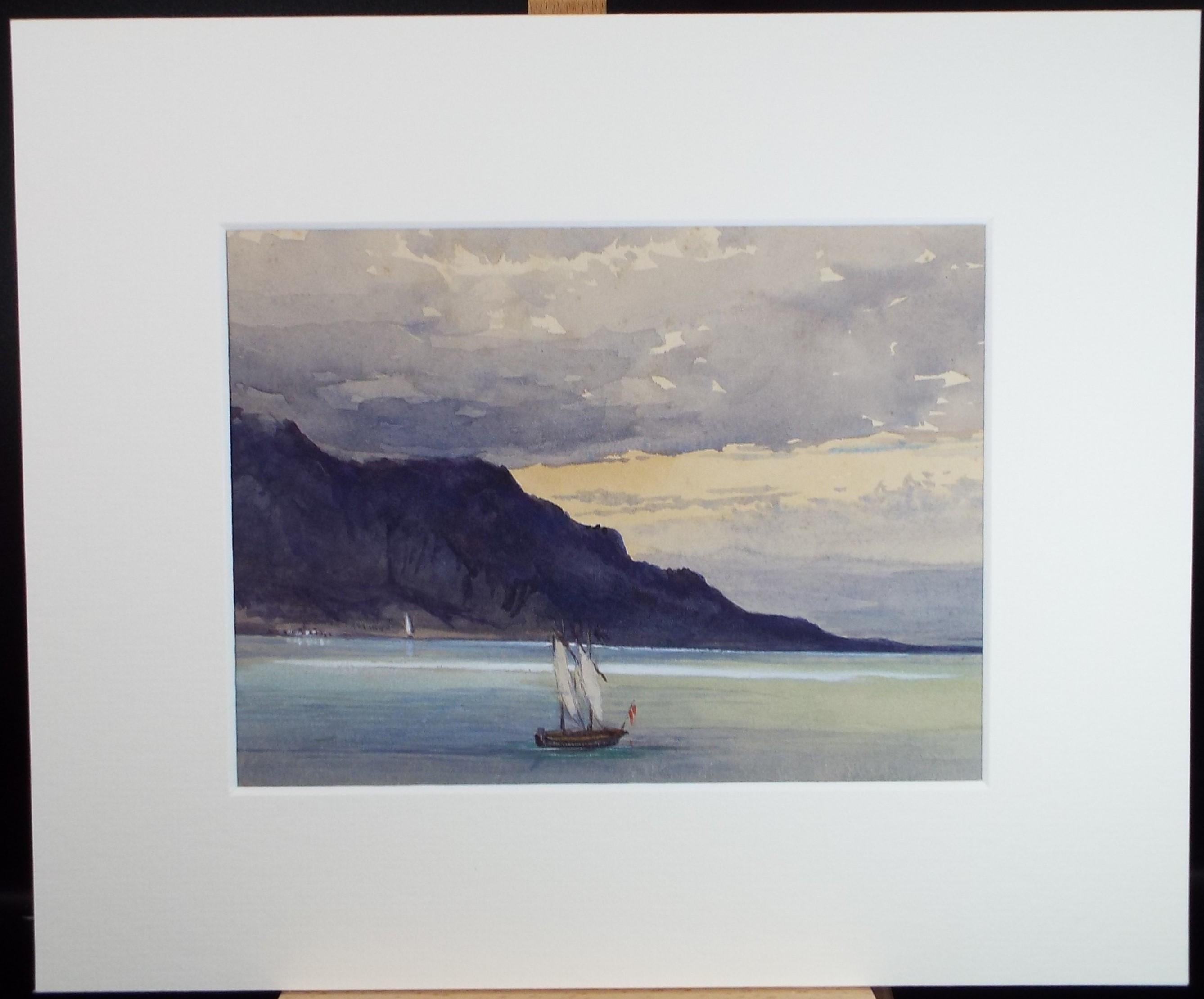 Original Watercolour, 'Seacliffs with sailboat', Late 19th Century